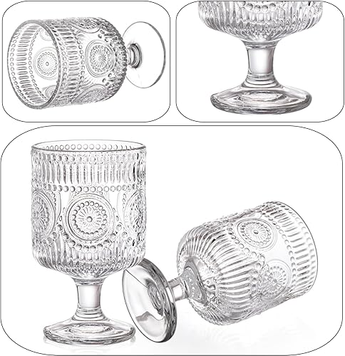 Miniatura 7 de Paquete de 6 vasos de copa vintage, vaso de vidrio floral en relieve de 8 onzas, cristalería de vino romántica transparente, copas de patrón