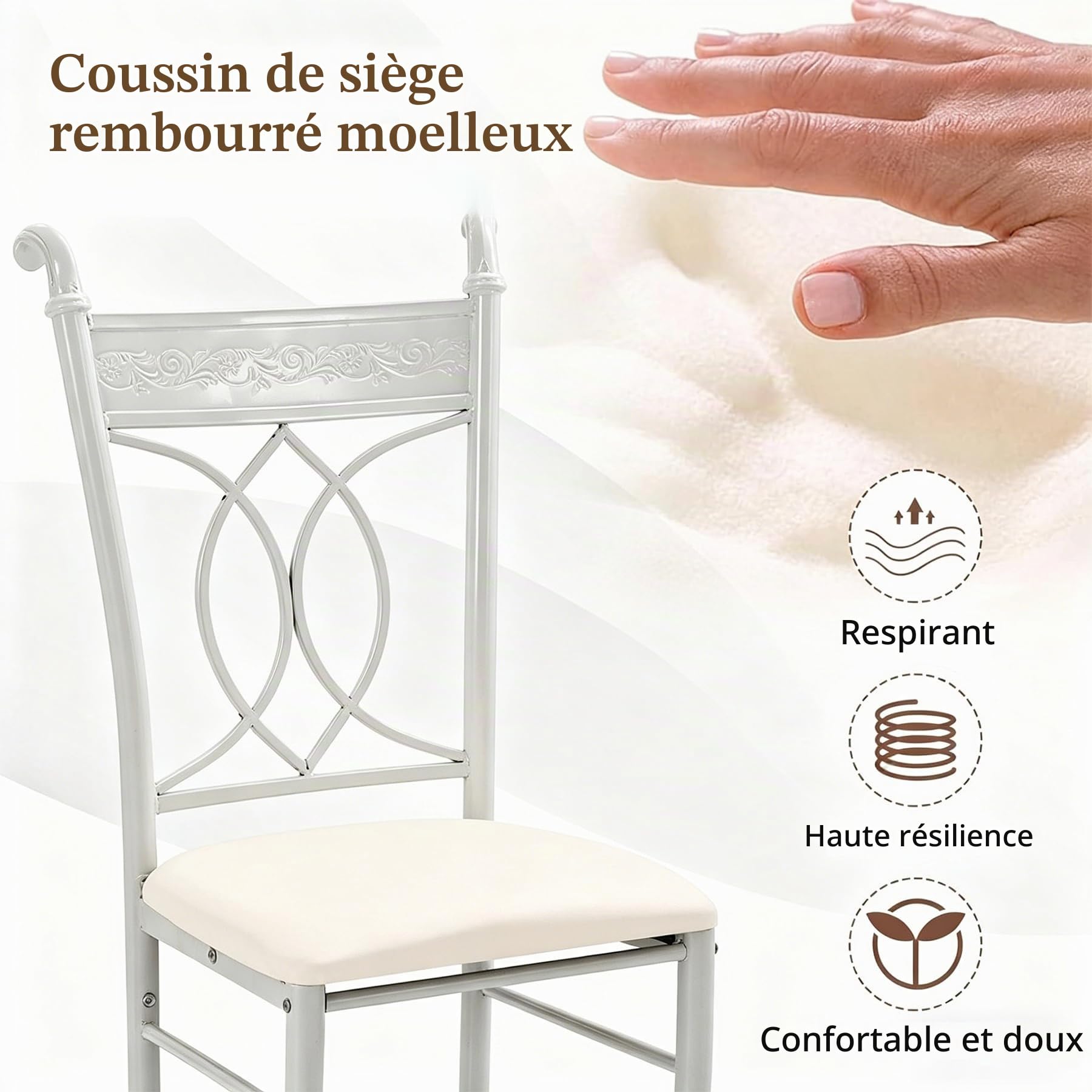Chaises de Salle à Manger Lot de 4, Chaise de Cuisine avec Pieds en Métal, Assise Rembourrée en Cuir, Dossier Sculpté, Pieds Antidérapants, pour Salle à Manger, Salon, Jardin, Événements, Blanc