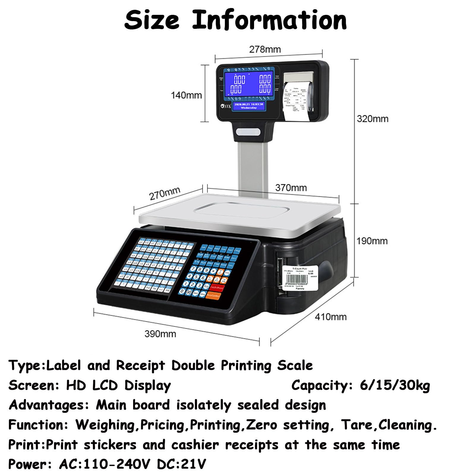 LYDZUSDP Digital Price Computing Scale,Commercial Label Thermal Printer,Label Printing Scale Pole Display with Vertical Pole,Double Side LCD Display