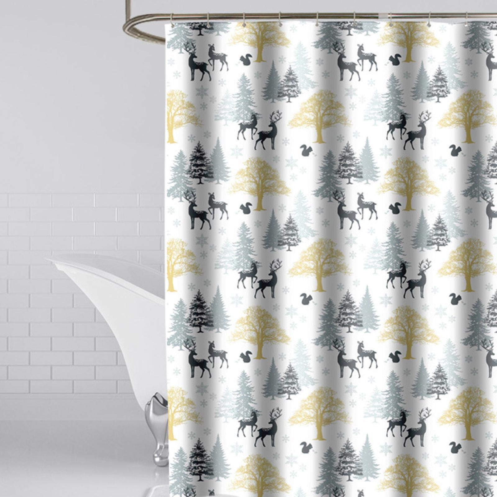 Rideau de douche moderne arbres cerfs imperméable 120x150 avec crochets pour salle de bain