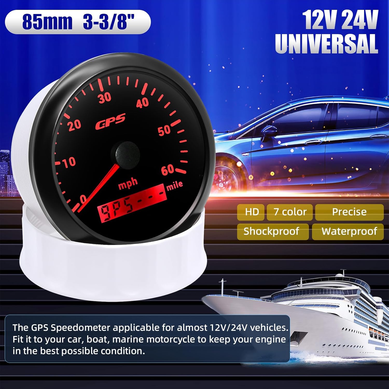 ARTILAURA GPS Speedometer 85mm 3-3/8" Digital Odometer 60MPH Speed Gauge 7 Color Waterproof for AUTO Car Marine Truck 9-32V (Black)