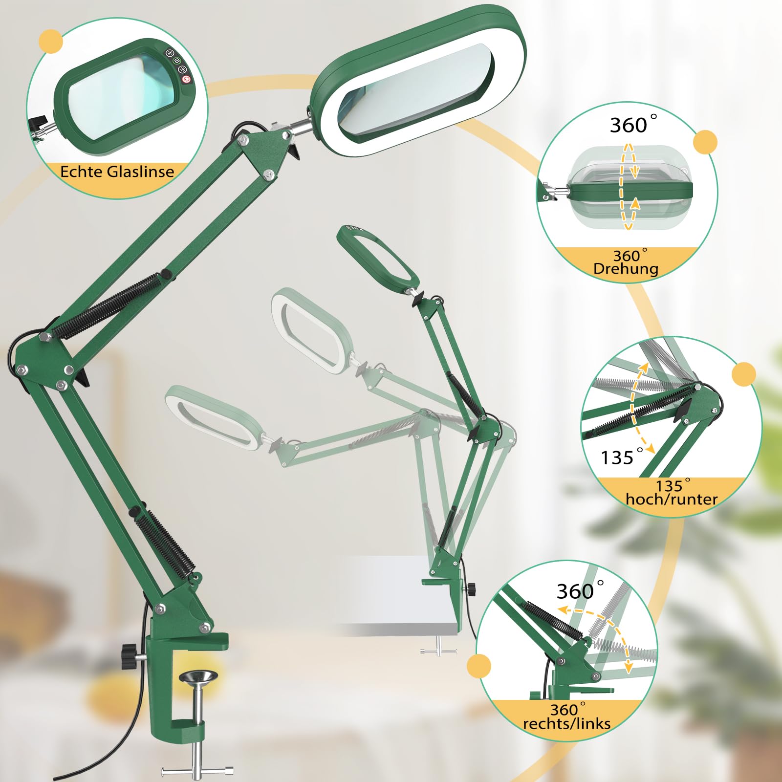 Lupa 10X con luz y abrazadera, cristal auténtico soporte de iluminación, 5 modos de color y regulable sin niveles, lámpara de escritorio LED manos libres para manualidades, aficiones, lectura, pintura