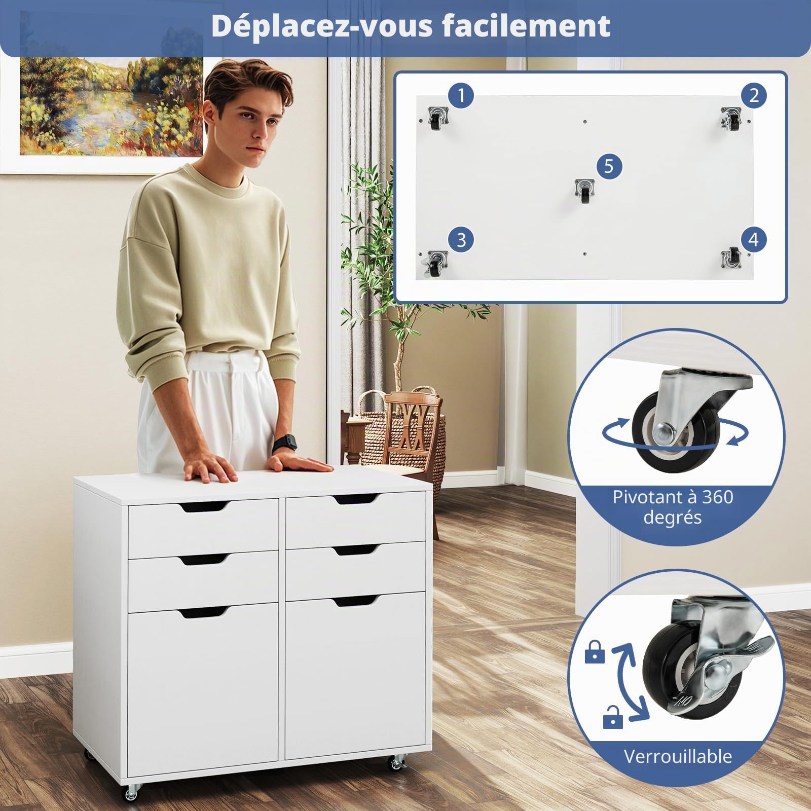 GIANTEX Caisson Bureau Mobile à 4 Tiroirs avec 2 Portes, Caisson Tiroir avec 5 Roulettes Universelles, Poignées Découpées, Meuble Tiroir Rangement Moderne pour Chambre, 73 x 40 x 64,5 cm, Blanc