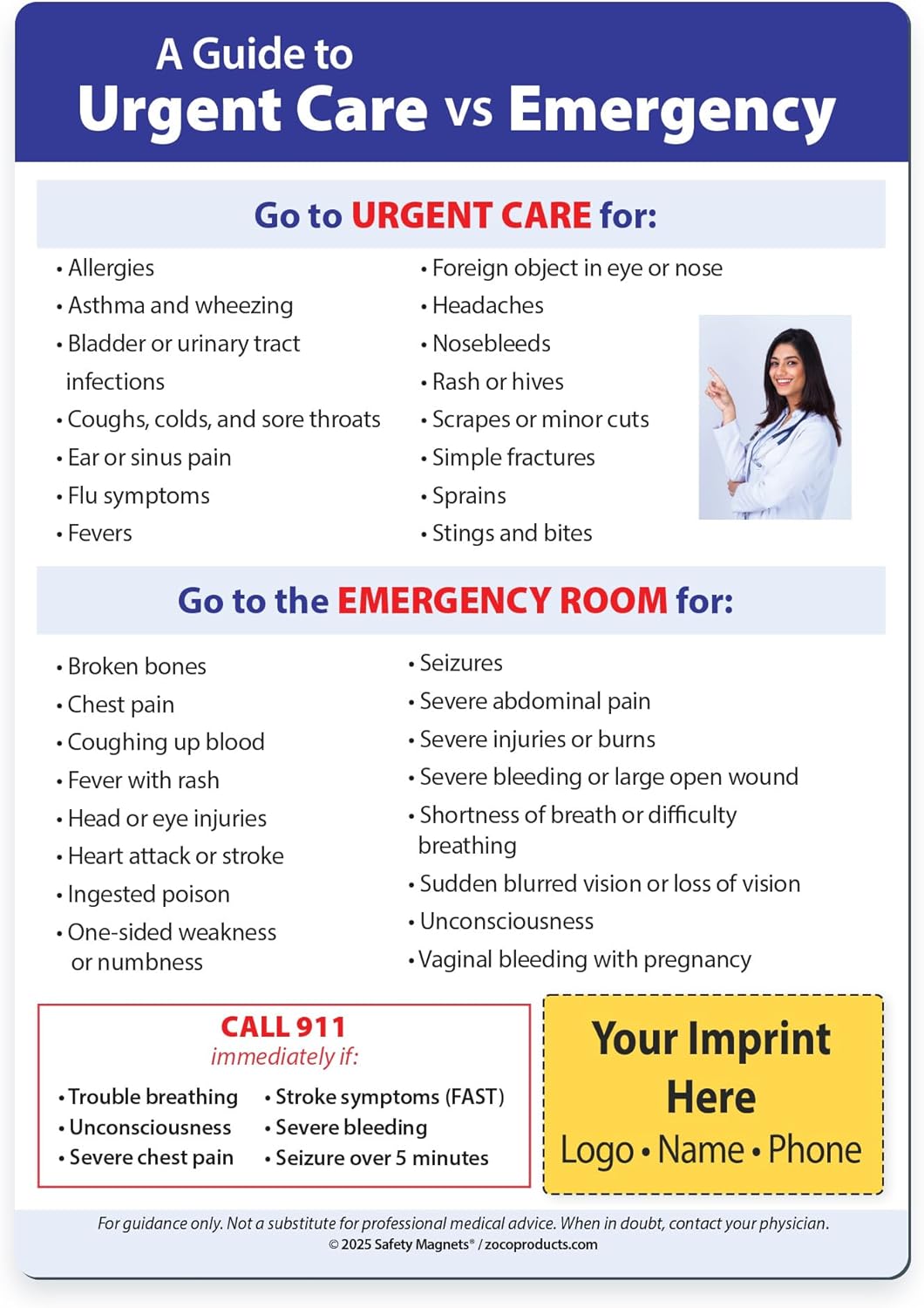 Safety Magnets by ZOCO – 100-Pack Custom Urgent Care vs ER, Emergency Room Magnets – Personalized with Logo and Text – Promotional Handout for Hospitals & Healthcare – 5"x7"