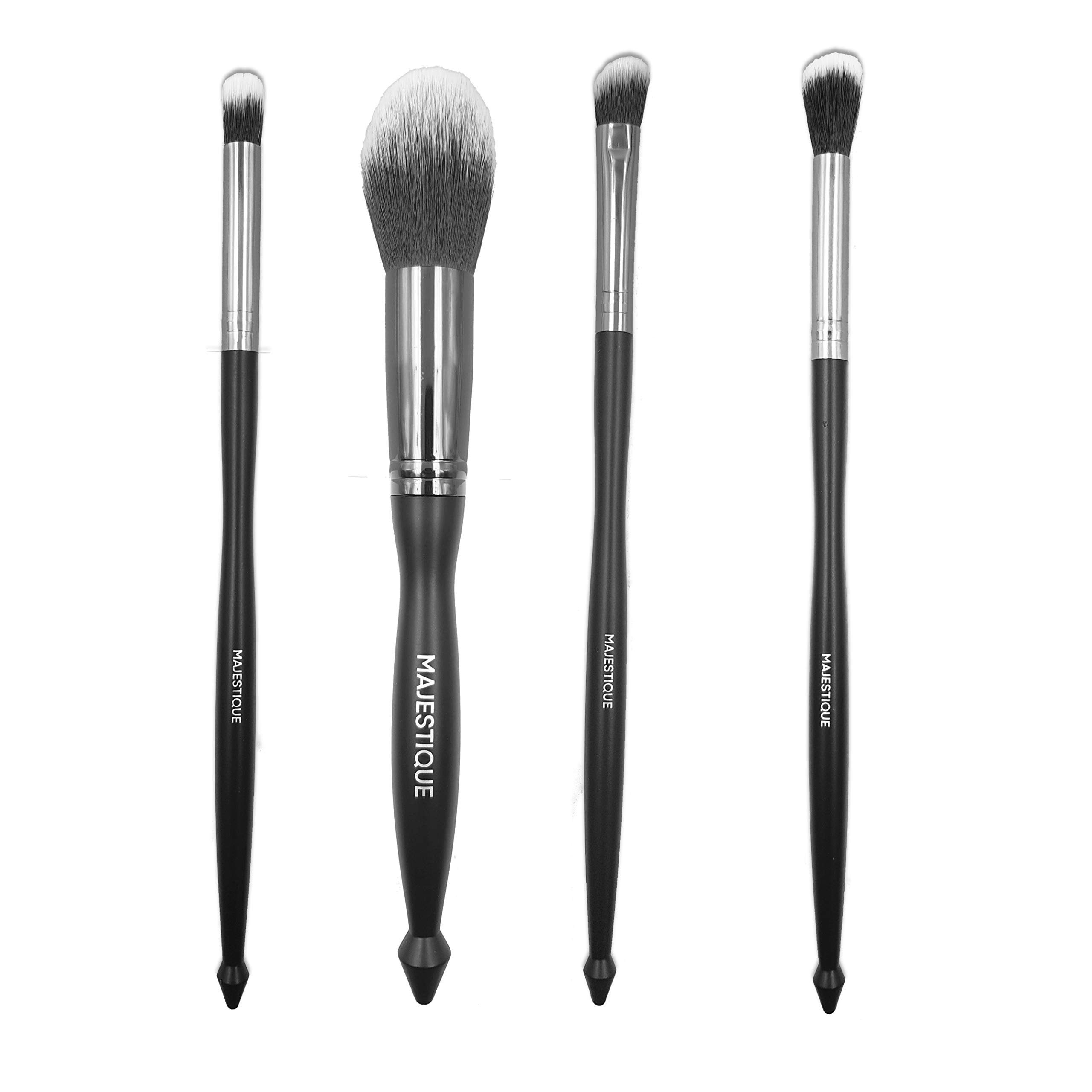 MAJESTIQUE Majestique, set di pennelli da trucco con manico nero, pennello per cipria, pennello per fard, pennello angolato, pennello per contouring, kit di pennelli da trucco nero argento (confezione