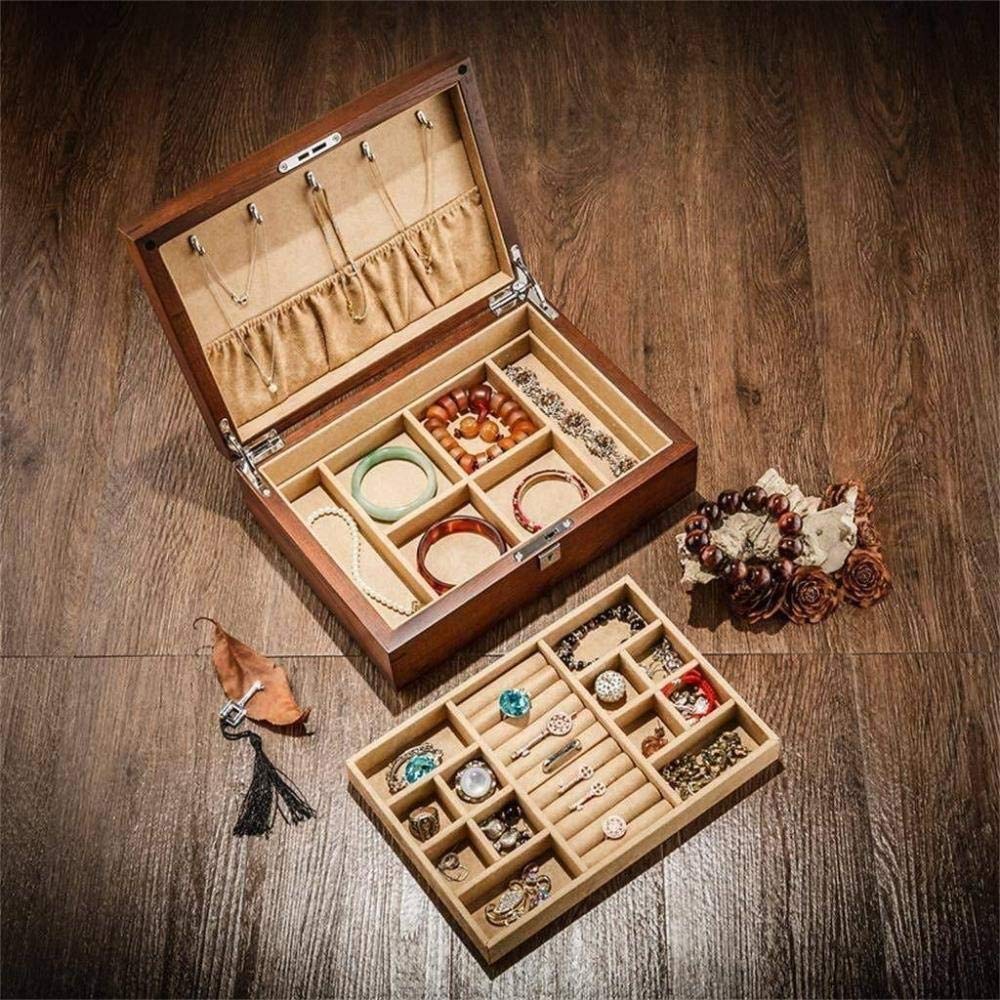 MUSUMI Old OLM Pure Wooden Double Jewelry Box Jewelry Bangle Collection Scatola portaoggetti con Serratura Moda (Cachi)