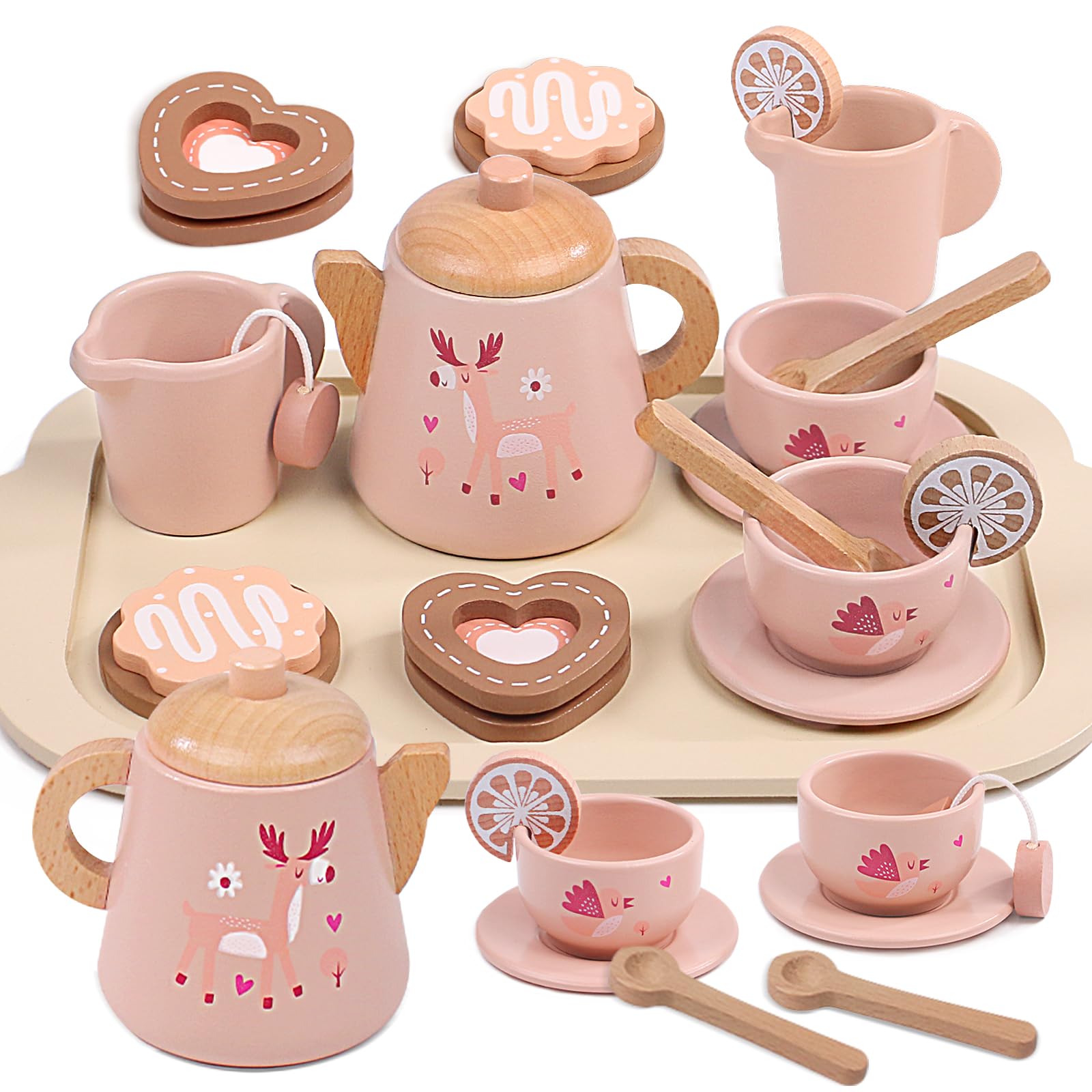 wotoyd Teeservice Kinder aus Holz, Puppengeschirr Kinderküche Zubehör für Teeparty & Rollenspiele, Holzspielzeug Geschenk für Mädchen Jungen ab 3 4 5 Jahre