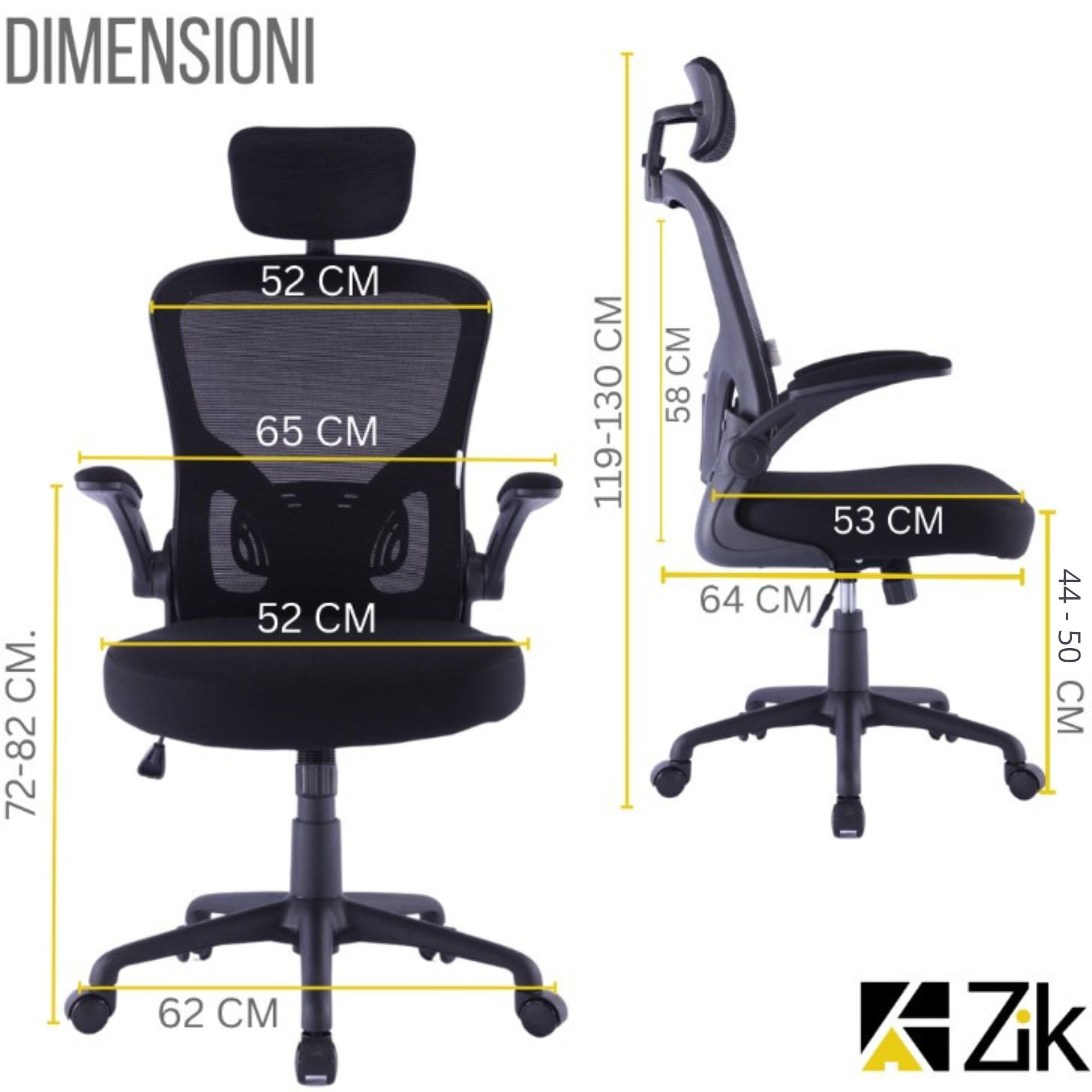 ZIK - Sedia Ergonomica da Ufficio, Scrivania, con Supporto Lombare e Regolazione Schienale, Sedia da Ufficio con Rotelle e Braccioli Reclinabili, Poggiatesta Oscillante e Regolabile