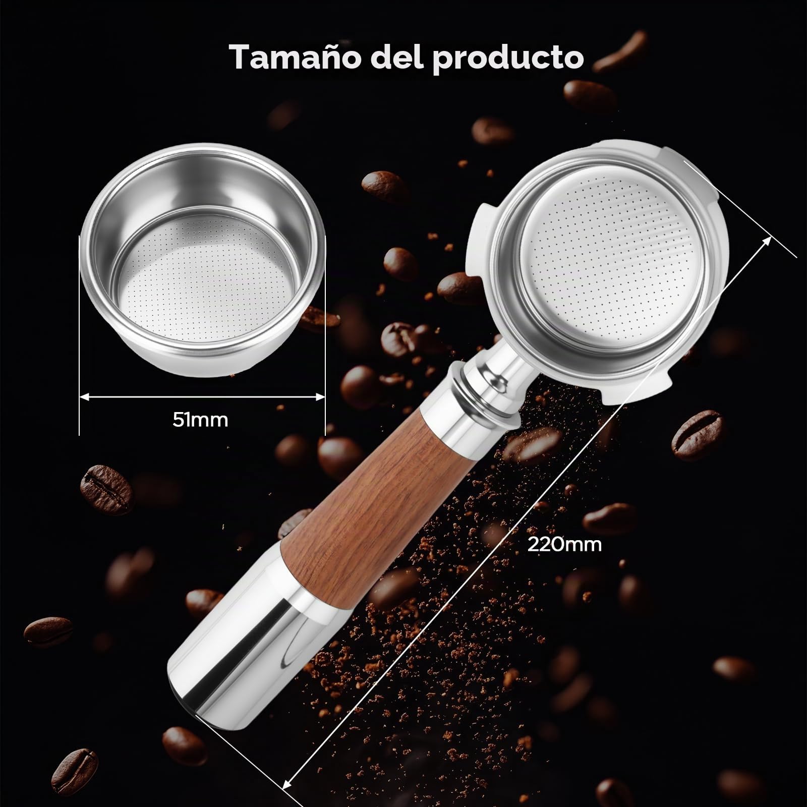 Romon Portafiltro Sin Fondo 51mm, Accesorio con Mango de Noyer y Acero Inoxidable, Compatible con Delonghi EC680/EC685/EC885/EC890, 3 Orejas