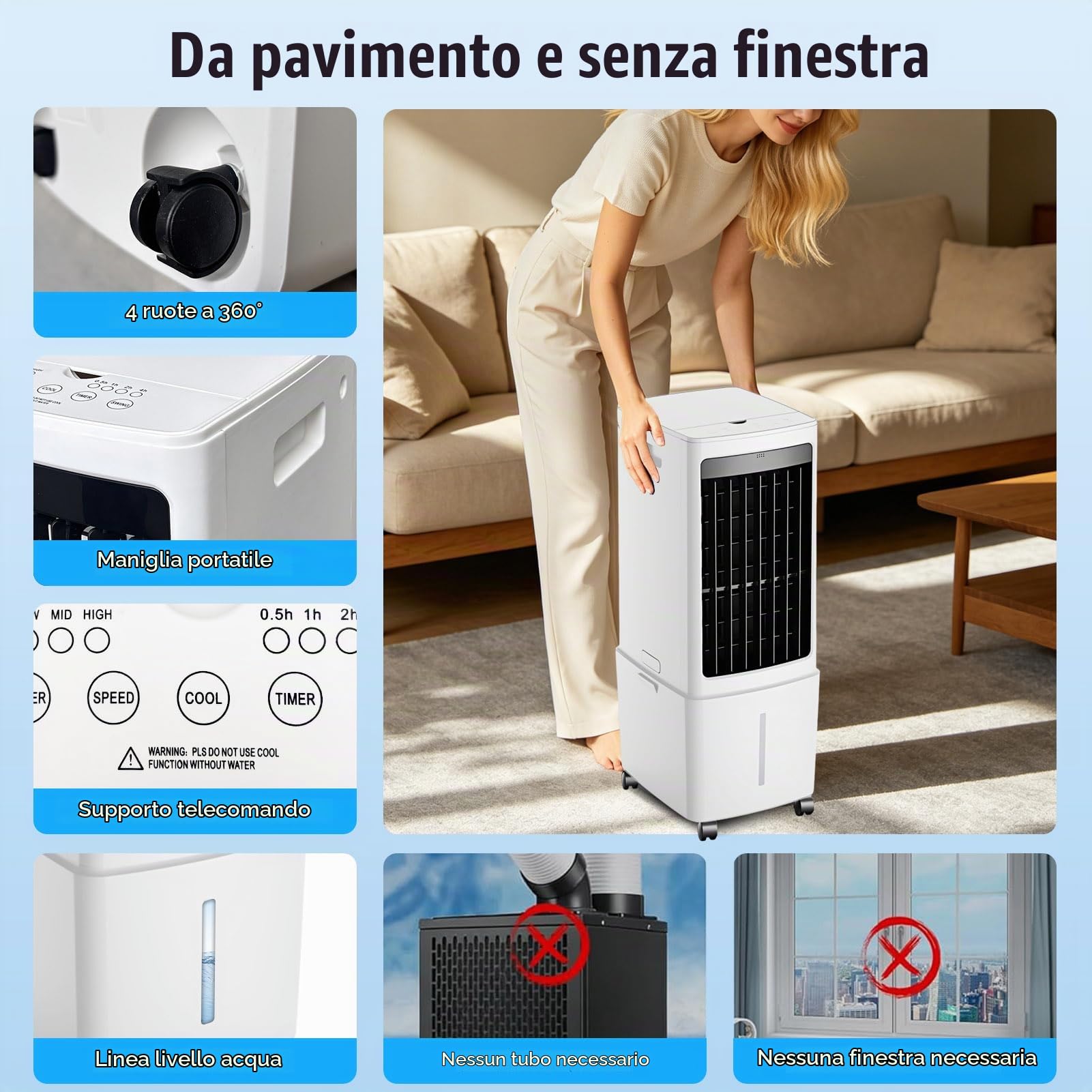 12L Climatizzatore Portatile, 3 Velocità, Rinfrescatore d'Aria con Telecomando, Serbatoio Rimovibile, Timer 1-12h, Condizionatore Portatile Silenzioso per Campeggio, Camera da Letto, Cucina