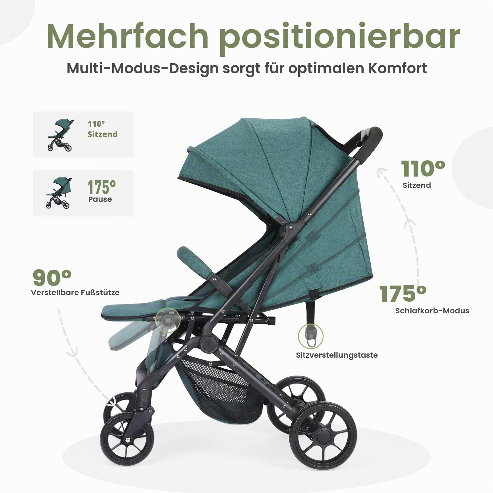 Faltbar Kinder-Buggy Kinderwagen, Regulierbarer 5-Punkt-Sicherheitsgurt, Zusammenklappen mit einer Hand, großes Verdeck, Robuster alle 4 Räder gedämpft, geräumige Sitz, Einkaufskorb (Dunkelgrün)