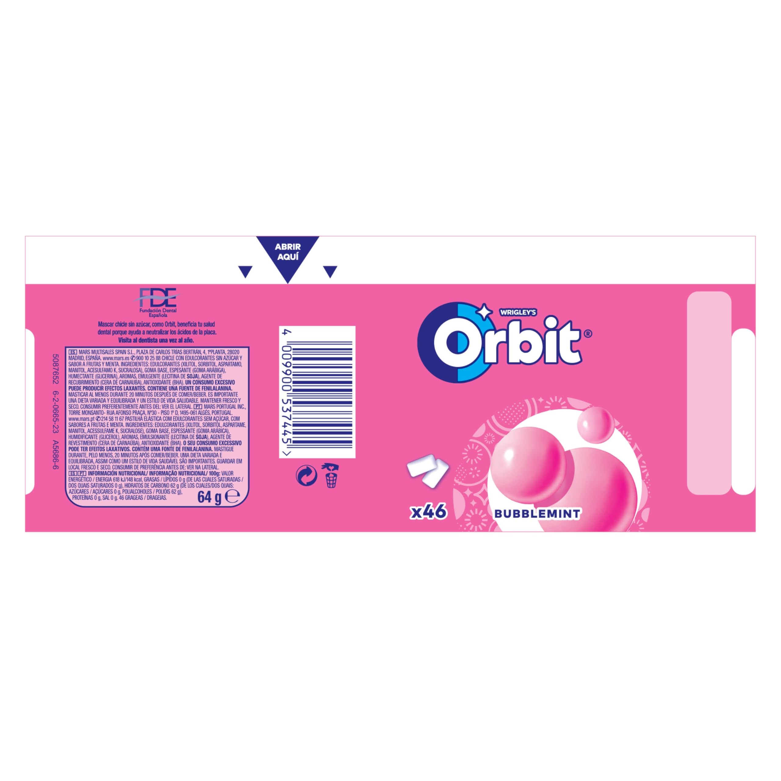 Orbit Bote de Chicles Sin Azúcar Bubblemint, Afrutado, Fresco, Intenso y de Larga Duración (6 x 46)