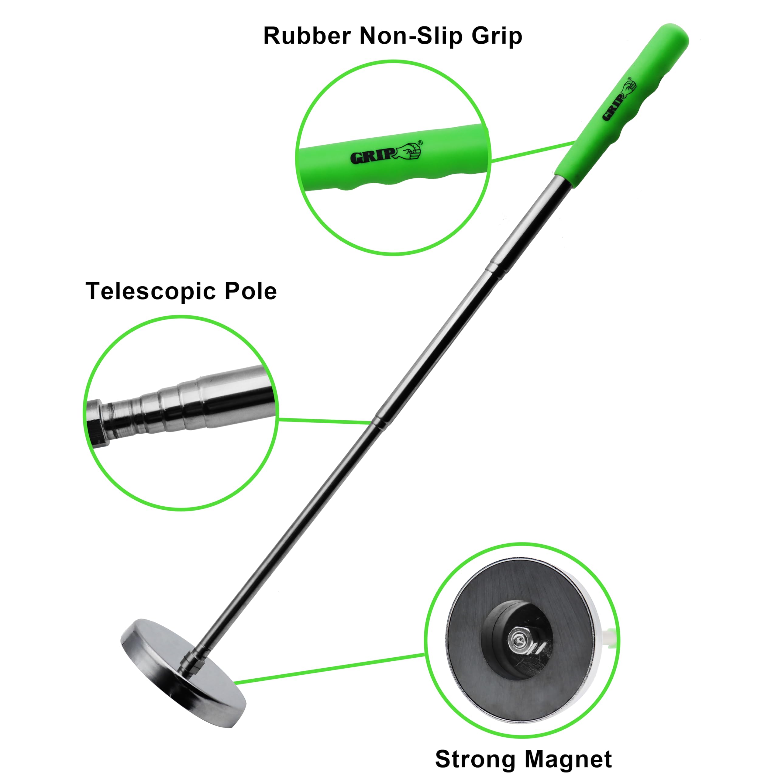 Grip - Herramienta telescópica redonda magnética de 35 libras, tornillos, clavos, virutas de metal, se extiende hasta 34 pulgadas de largo
