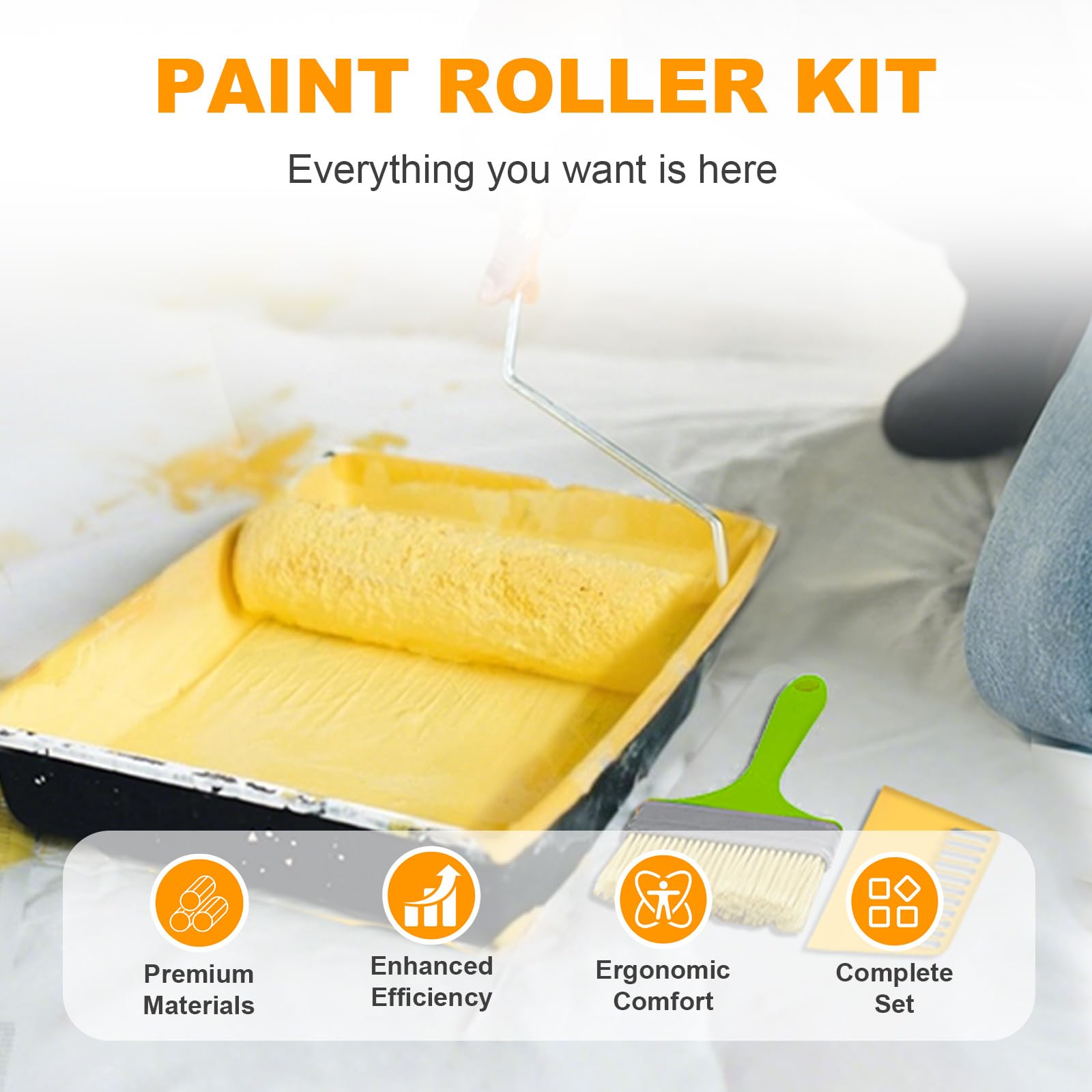 Kit Rodillo Pintura Pared, Rodillo con Accesorios, 3 Piezas Paint Roller 22 cm, Mango Alargado Reforzado 152 cm, Brocha para Paredes, Techo, Brocha Pintor, Cubeta Pintura