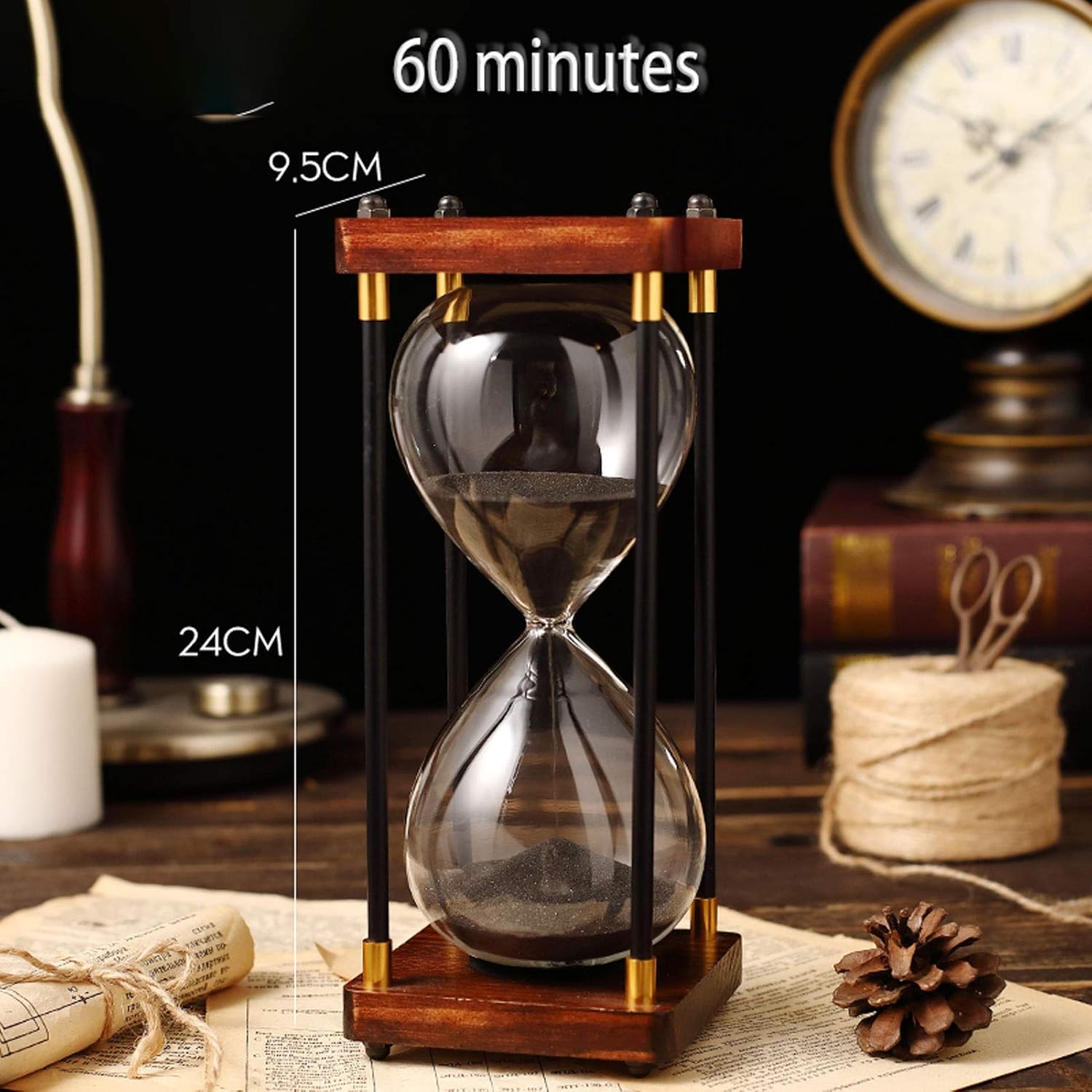 Hourglass timer, 30 Minute Hourglass Sand Timer - Large Wooden Sand Clock with Minimalist Design - Decorative Sandglass for Home & Office - Time Management Tool & Stylish Desk Decor(Black Sand,9.5*24C