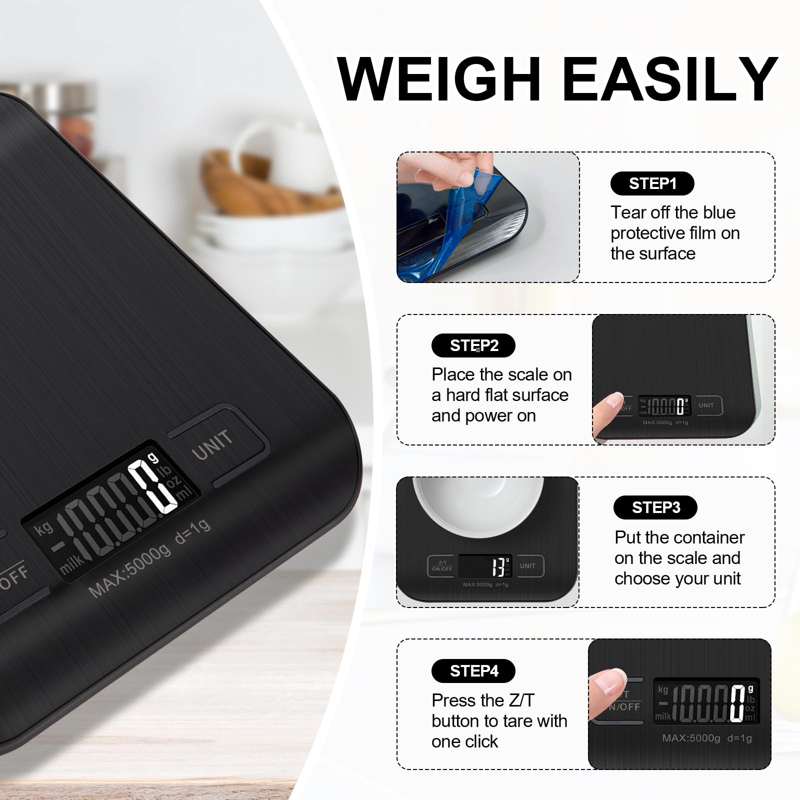 Bilancia da cucina da 5 kg, con 6 funzioni tara e display LCD, 1 g, in acciaio inox, bilancia digitale per alimenti, per cuocere al forno, cucinare, dieta e preparazione dei pasti (nero)