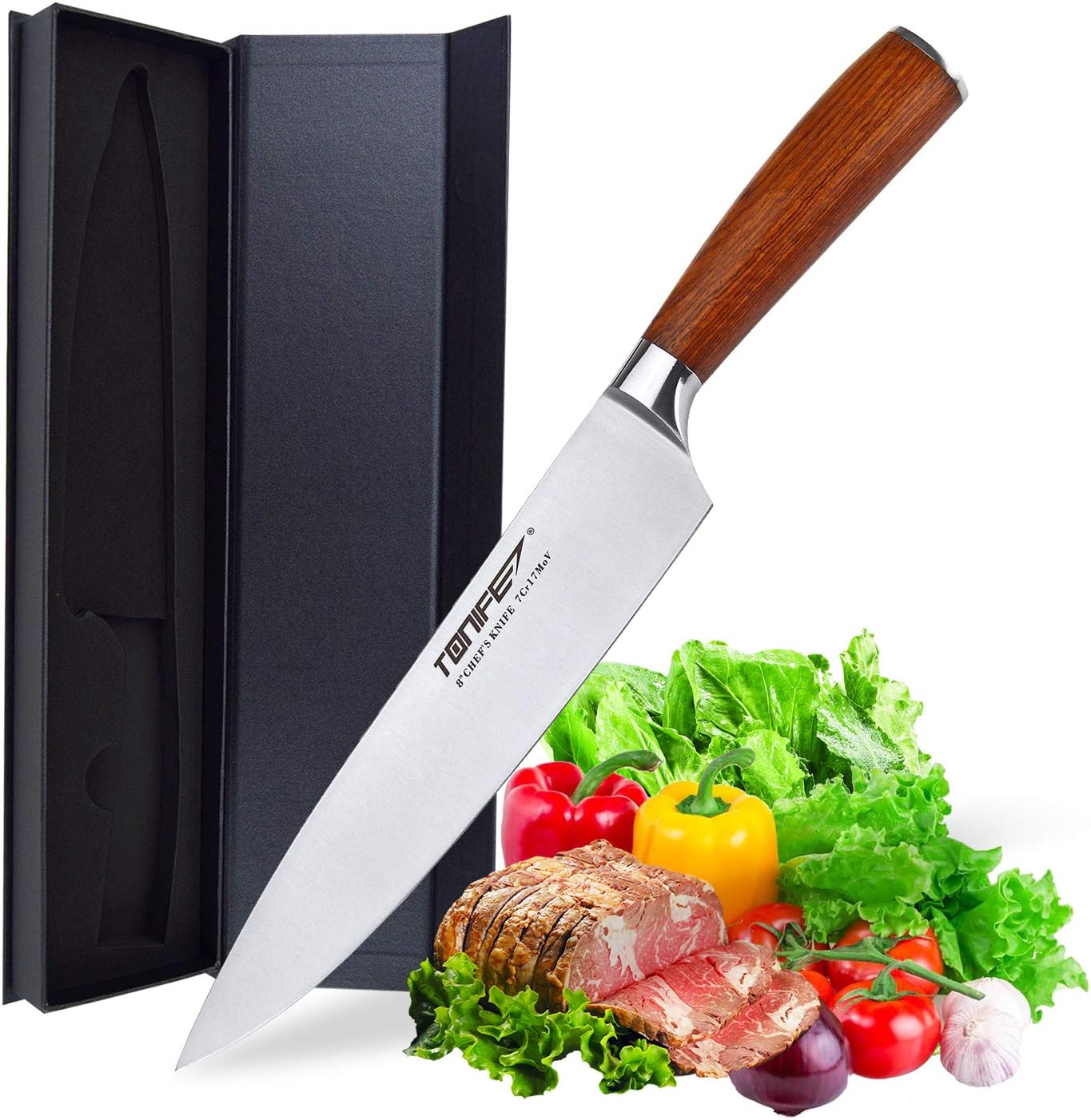 TONIFE 8-Inch Chef Knife with 7Cr17MoV High Carbon Stainless Steel Kitchen Knife with Natural Rosewood Handle