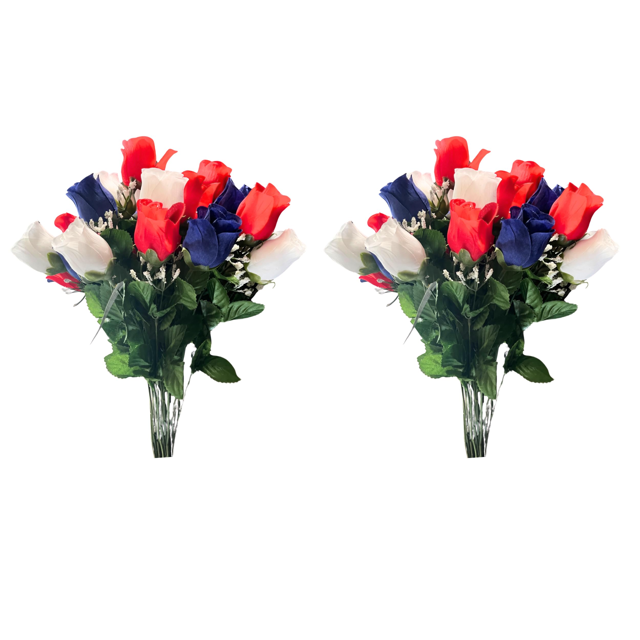 Admired By Nature 2pcs 14 Stems Artificial Flower Rosebuds Patriotic Memorial Bouquet Cemetery Decorations for Grave, Spring Faux Flower Arrangement, Veterans, Independence Day, Red White Blue