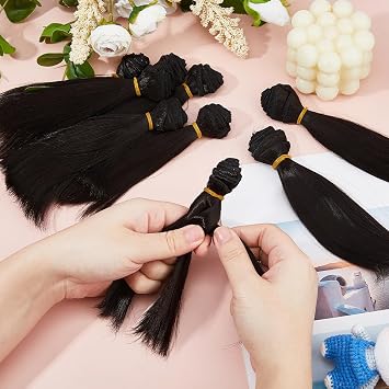 DICOSMETIC 10Pcs Doll Hair Doll Wig 15cm/5.9 Straight Short Dolls Hair Plastic Dolls Hairs Wefts Hairs Extensions Black Faux Wefts Replacement for Adult DIY Crafts