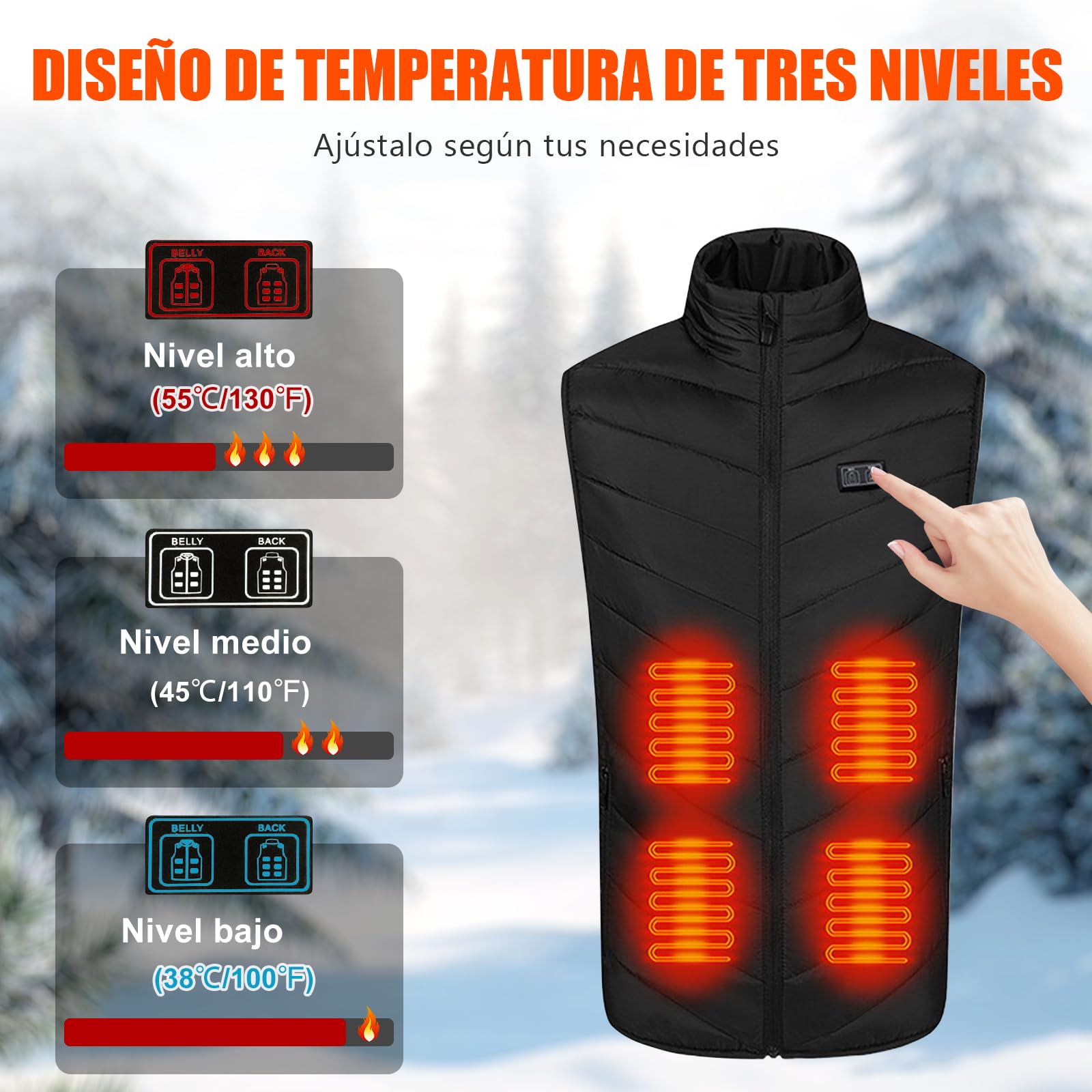Chaleco Calefactable Hombre, Chaleco Eléctrico Calefactable 3 Niveles de Temperatura, 15 Zonas de Calefacción Chaleco Calefactable, para Esquí Camping Caza Pesca Moto (Negro M)