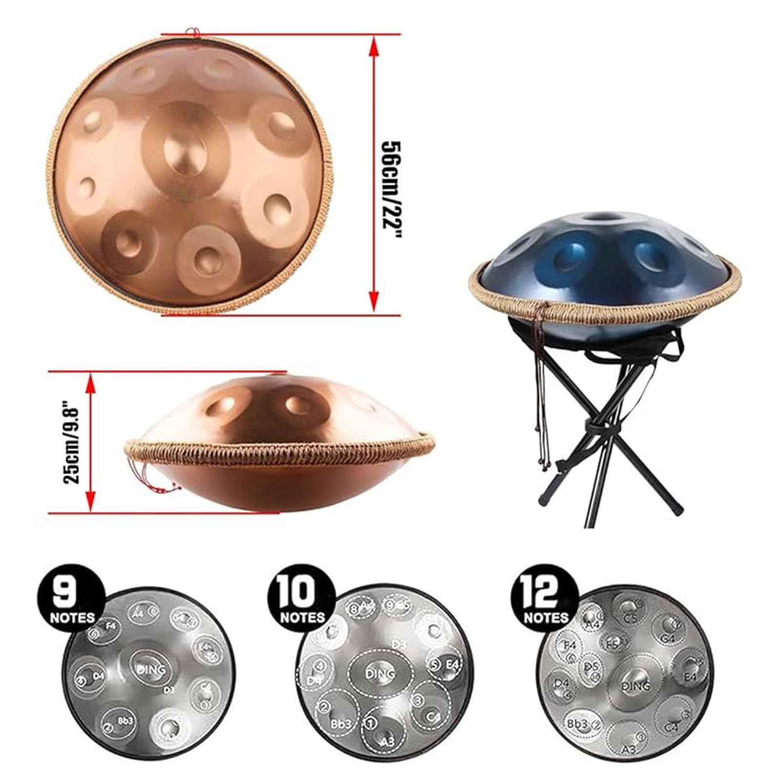 Set Di Batteria Handpan, 432Hz/440Hz, 9/10/12 Note, Strumenti A Percussione In Acciaio Handpan In Re Minore, Tamburo A Mano In Acciaio Per Adulti Con Supporto, Borsa(D,440HZ/9Note)