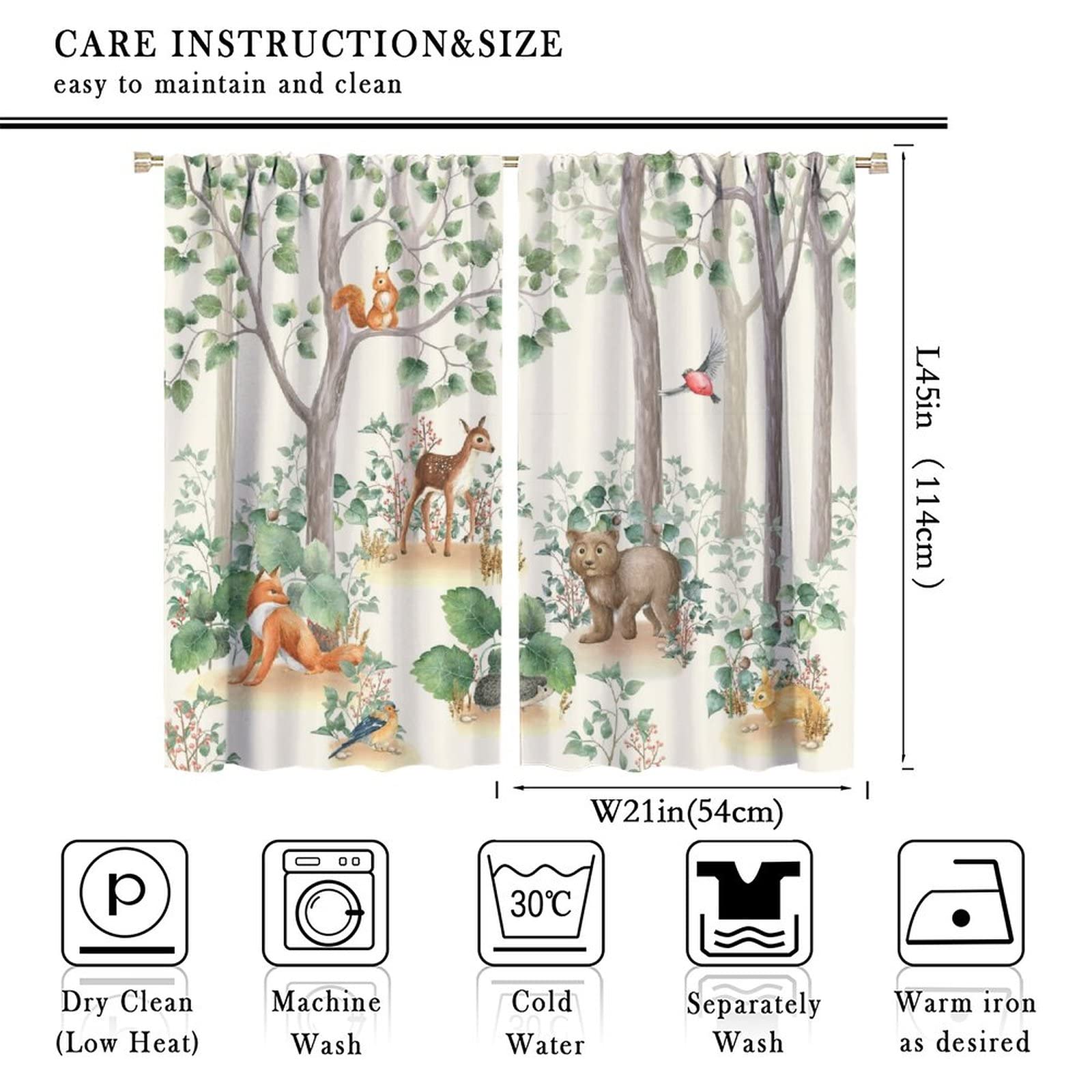 GoDazzling Watercolor Woodland Animals Blackout Window Curtains, Spring Cartoon Wild Animal Kids Cute Rustic Forest Rod Pocket Curtains, for Living Room Bedroom 21(W)*45(L) 2 Panels