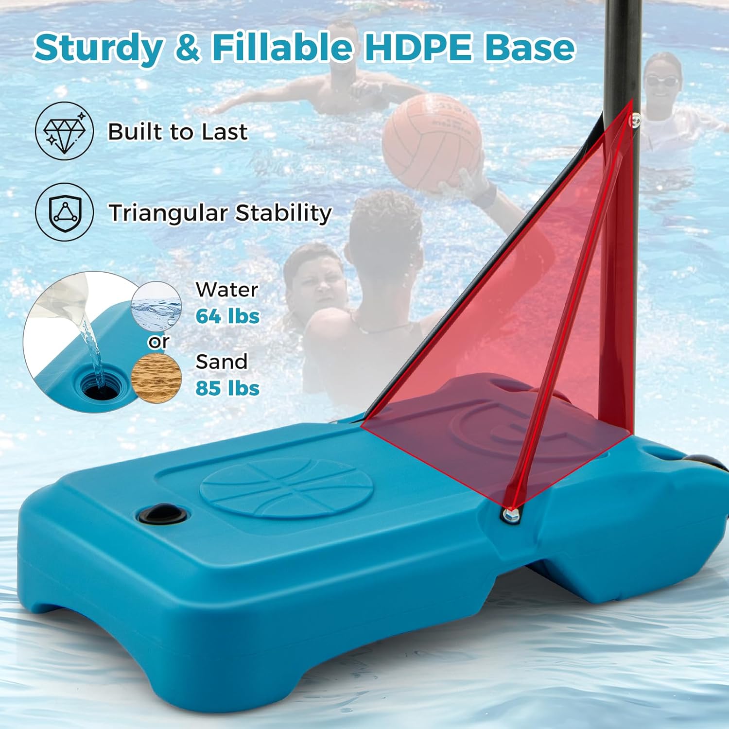 GYMAX Pool Basketball Hoop, Height Adjustable Swimming Pool Basketball Hoop Poolside with Fillable Base & Built-in Wheels for Kids Teens Adults