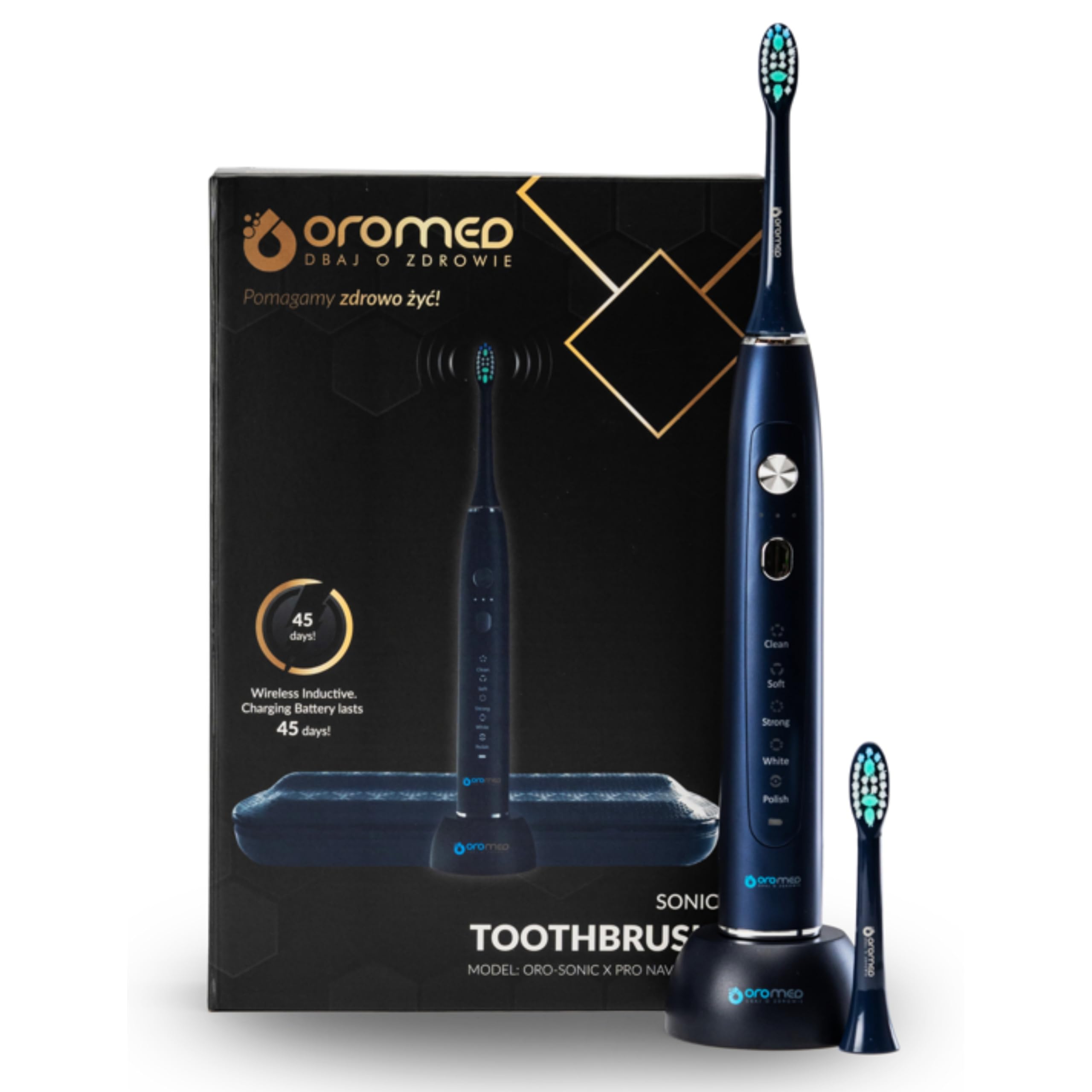 OROMED ORO-SONIC X PRO NAVY BLUE Schallzahnbürste, 38.000 Bewegungen/Min.,(5 Programme × 3 Intensitäten), Akku bis 40 Tage, Timer, USB-Induktionsladung, Marineblau