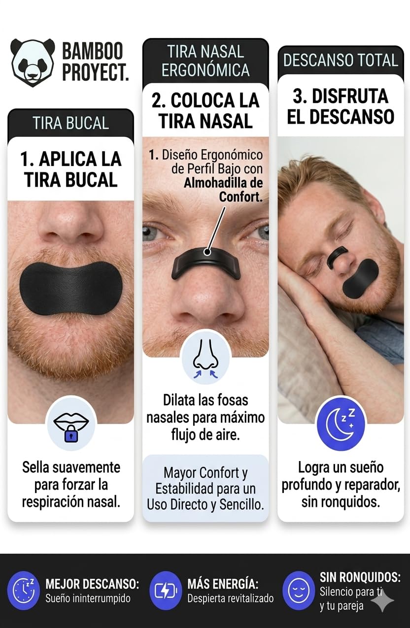 CABALLERO® Tiras Nasales Magnéticas PREMIUM + Tiras Bucales | Kit Mensual 60 parches + 30 tiras bucales | (GUIA PASO A PASO) | Para dormir y hacer deporte | Edición Bamboo Proyect