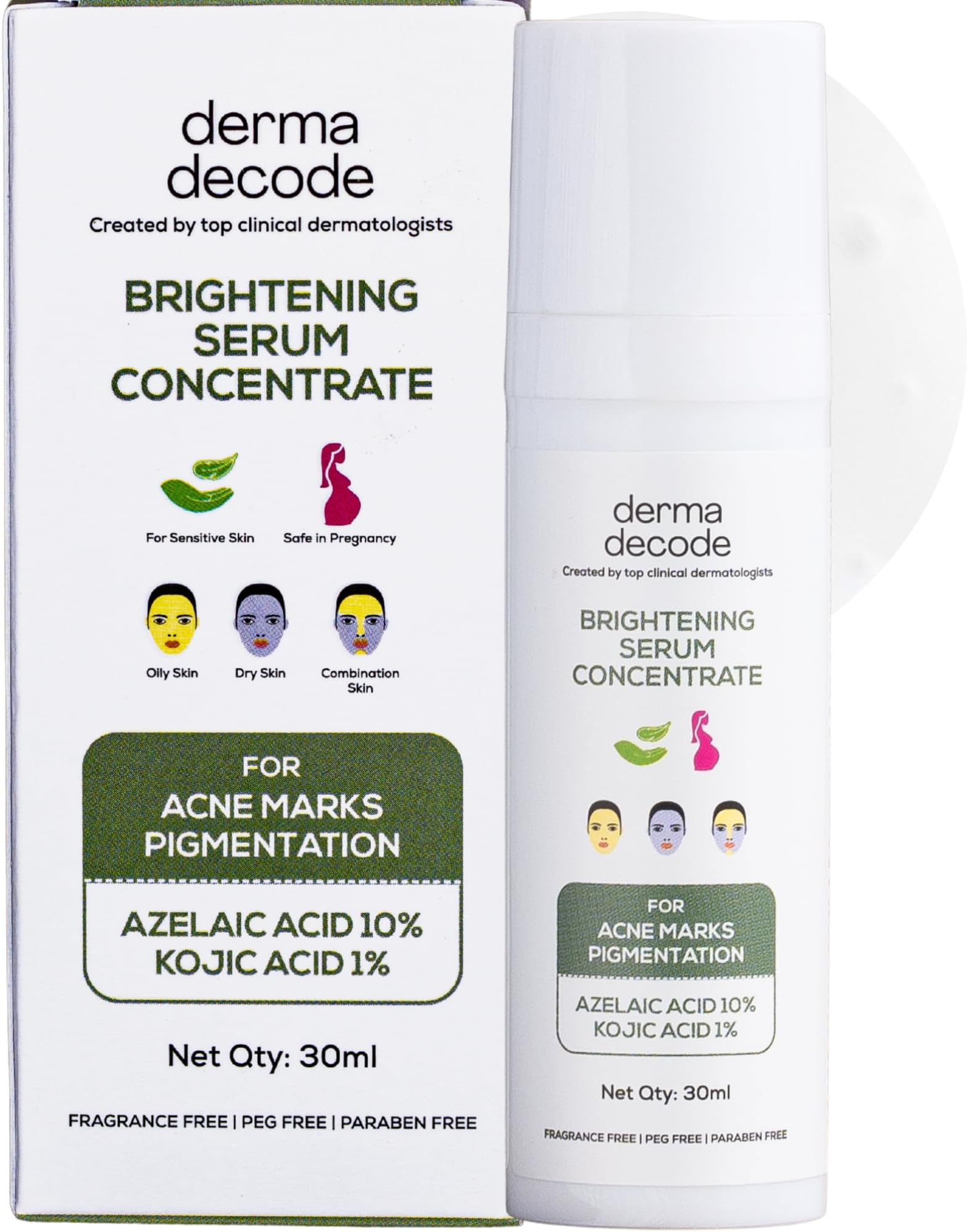 Derma Decode Azelaic Acid Serum with 10% Azelaic Encapsulated, 1% Kojic Acid, Face Serum for Triple Action Skin Brightening and Acne, Removes Pigmentation, Redness, Acne Marks and Dark Spots - 30ml