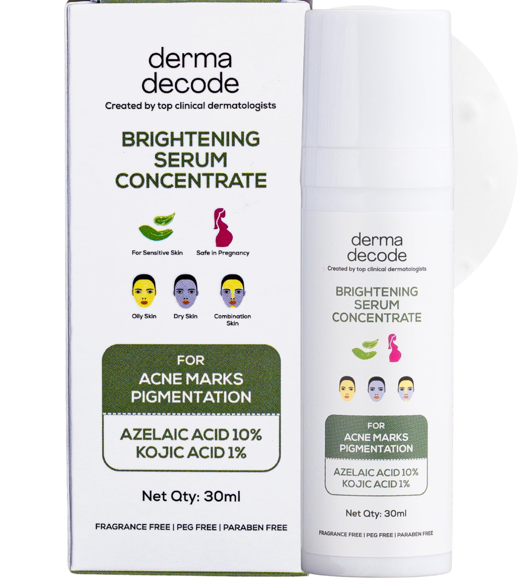 Derma Decode 10% Azelaic Acid Serum with Kojic Acid | Reduces Acne Marks, Pigmentation, Dark Spots, un-even Skin Tone | Calms Redness/Inflammation & Improves Textrure- 30ml