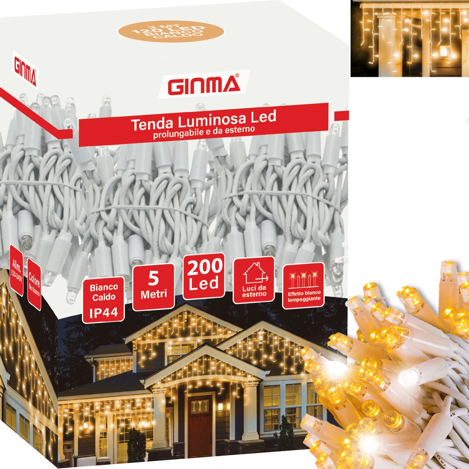 GINMA Tenda Luminosa LED Effetto Pioggia - Luci di Natale Esterno Professionali - Certificata IP44 - Basso Consumo e Impermeabili - Prolungabile (Bianco Caldo, 5 metri (200 LED))