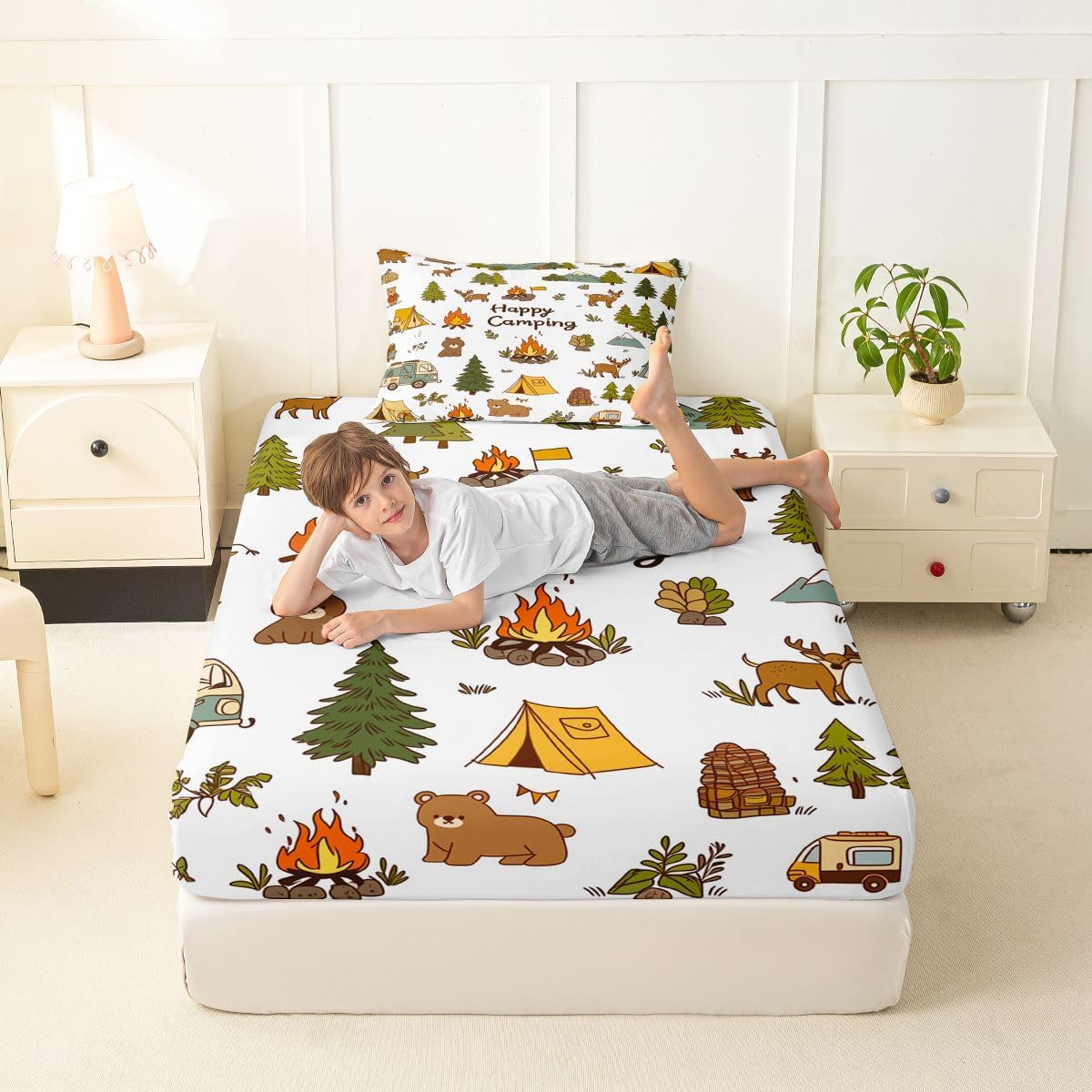 jejeloiu Camper Bear Bed Sheets Set Twin Size Happy Camping Bed Set for Kids Boys Girls Adventure Campfire Deep Pocket Fitted Sheet Tree Breathable Soft Lightweight Microfiber