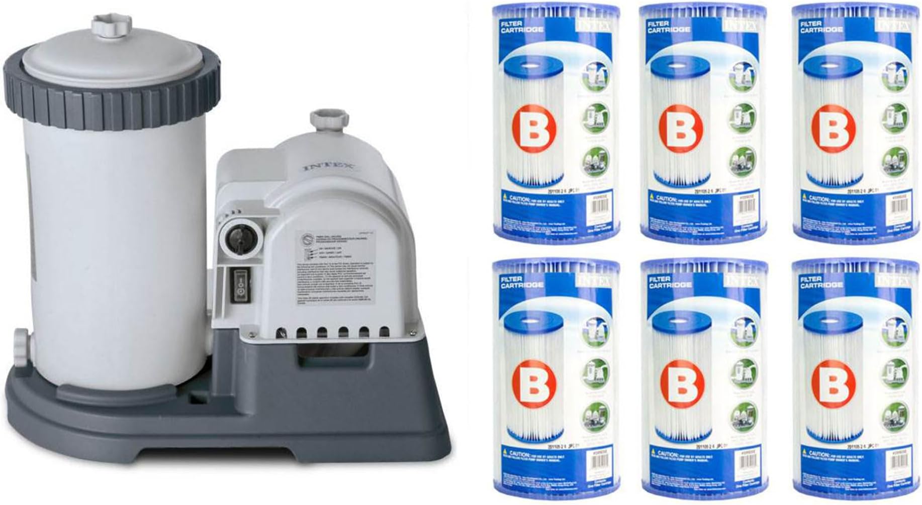 INTEX Krystal Clear 2500 GPH Cartridge Filter Pump for Above Ground Pools Bundled with Type B Dacron Paper Filter Cartridges, 6-Pack