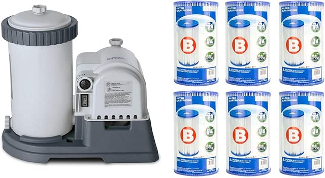 INTEX Krystal Clear 2500 GPH Cartridge Filter Pump for Above Ground Pools Bundled with Type B Dacron Paper Filter Cartridges, 6-Pack