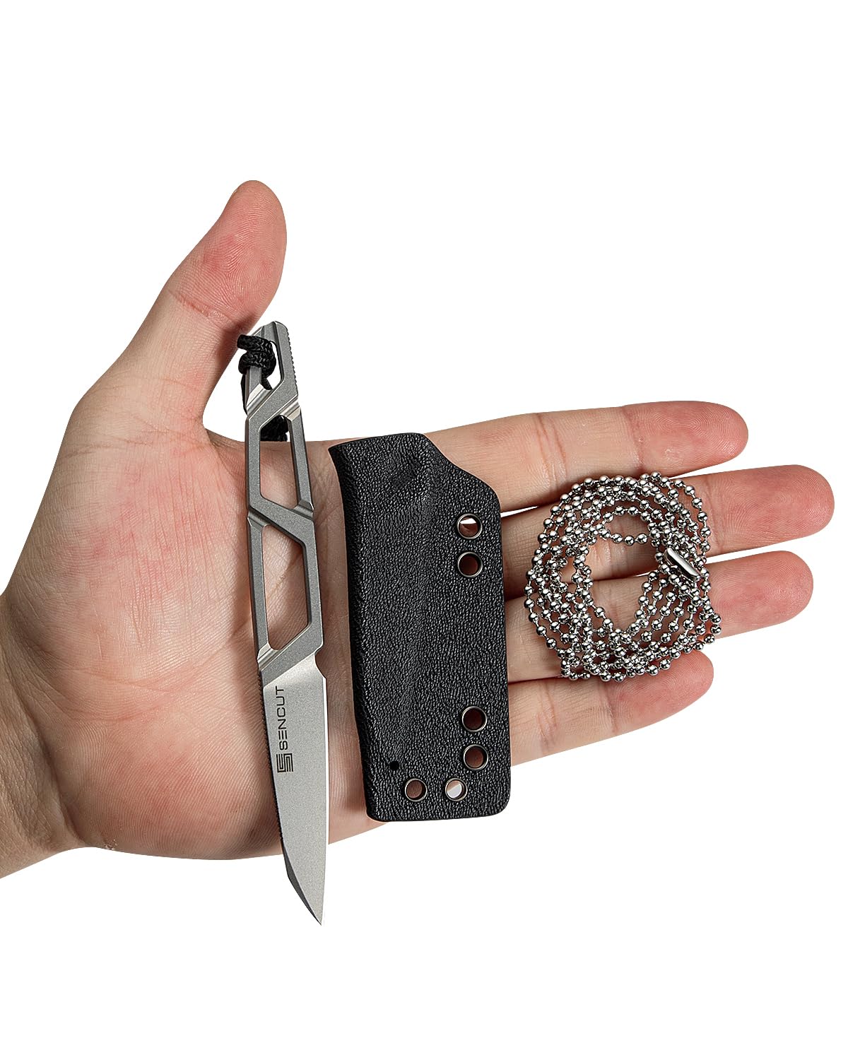 SENCUT TEXO Small Fixed Blade Knife, Neck Knife, 1.97" 9Cr18MoV Blade with Kydex Sheath & Chain, EDC Knife with Lanyard for Outdoor Camping Hiking, Designed by Ostap Hel