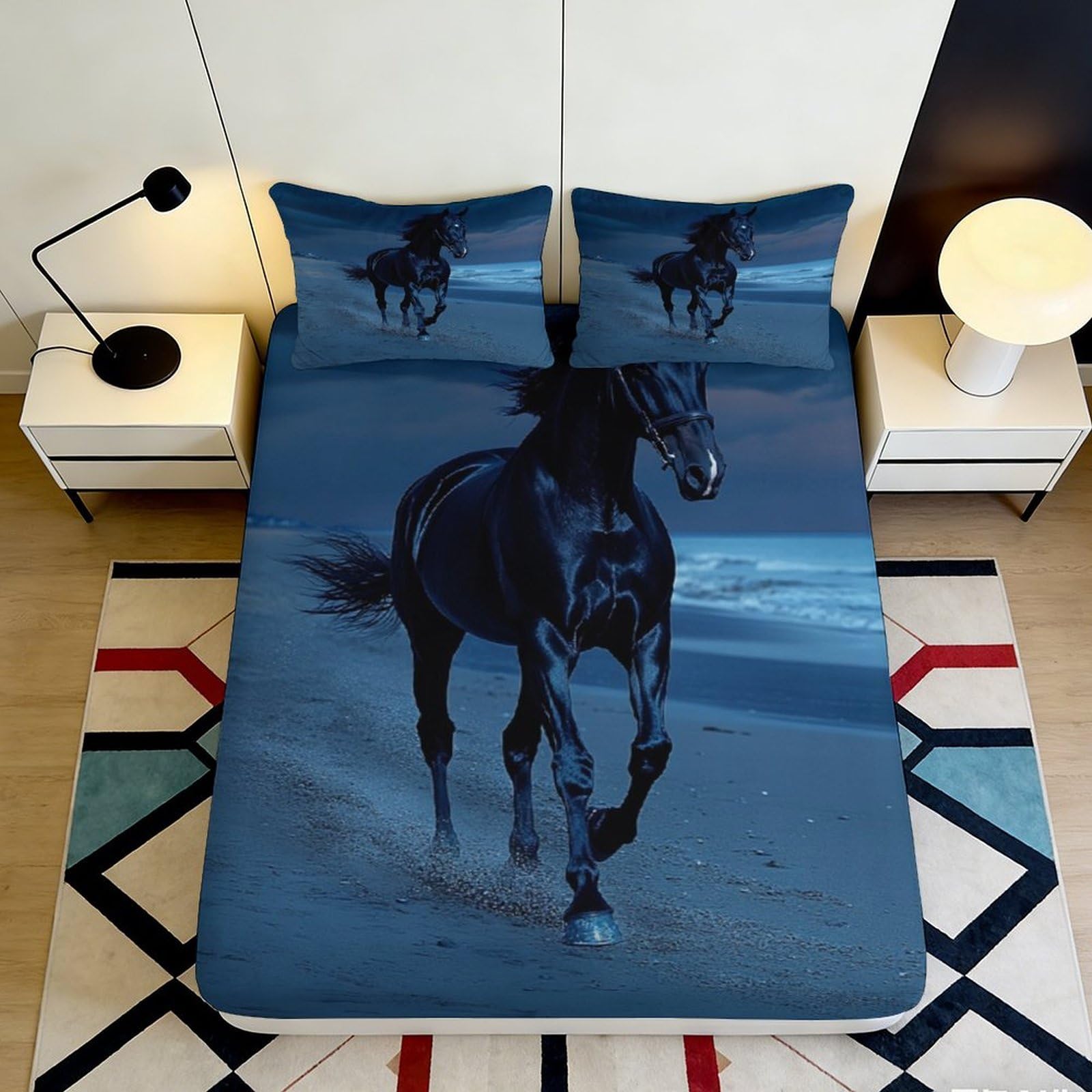 3D Printed Galloping Horse Fitted Sheet Microfiber Deep Pocket Non-Slip Bedding Galloping Horse Mattress Fitted Cover Full Wrap for Bedroom 90x200x25cm