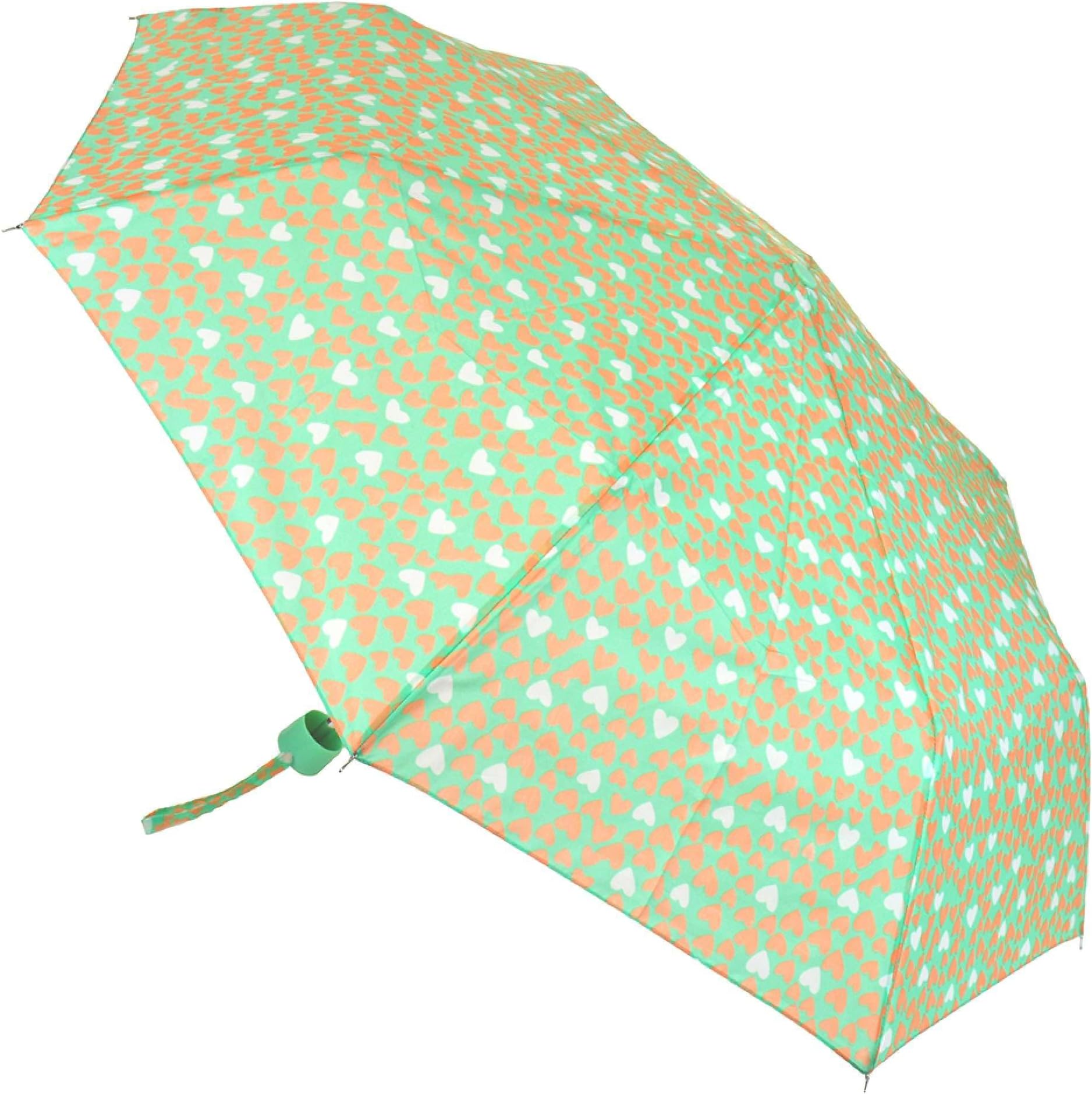 Thingimijigs Ladies Compact Umbrella Love Heart Pattern Mini Foldable Pocket Brolly - Green