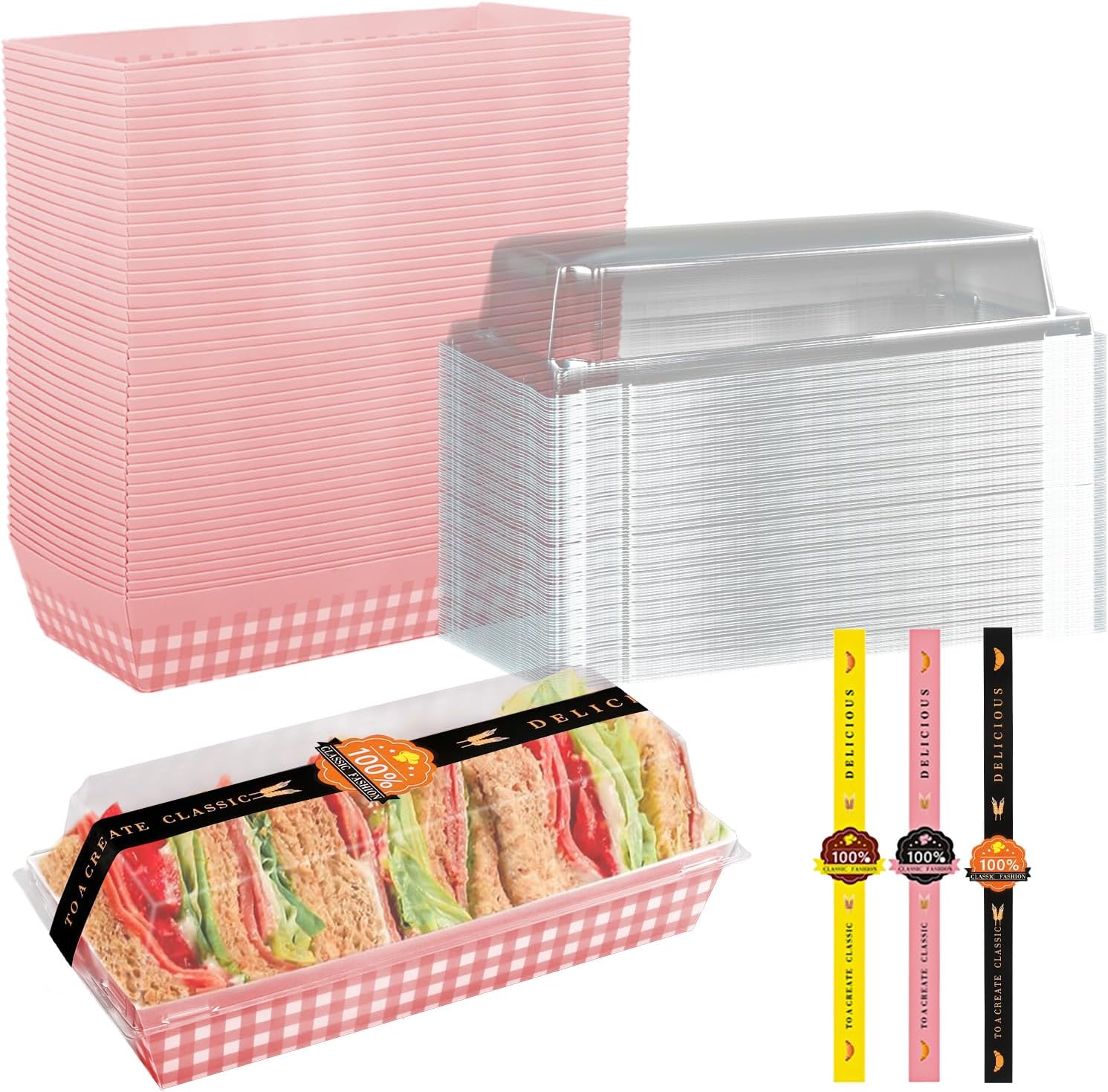 Nsmykhg Roll Cake Box,50 Pack Swiss Roll Container Plastic Cake Box Sandwich Paper Box, Clear Lid Dessert Box,Muffin Cheese Pastry Dessert Box Sushi Fruits Display Food Storage Holder (Pink Grid)