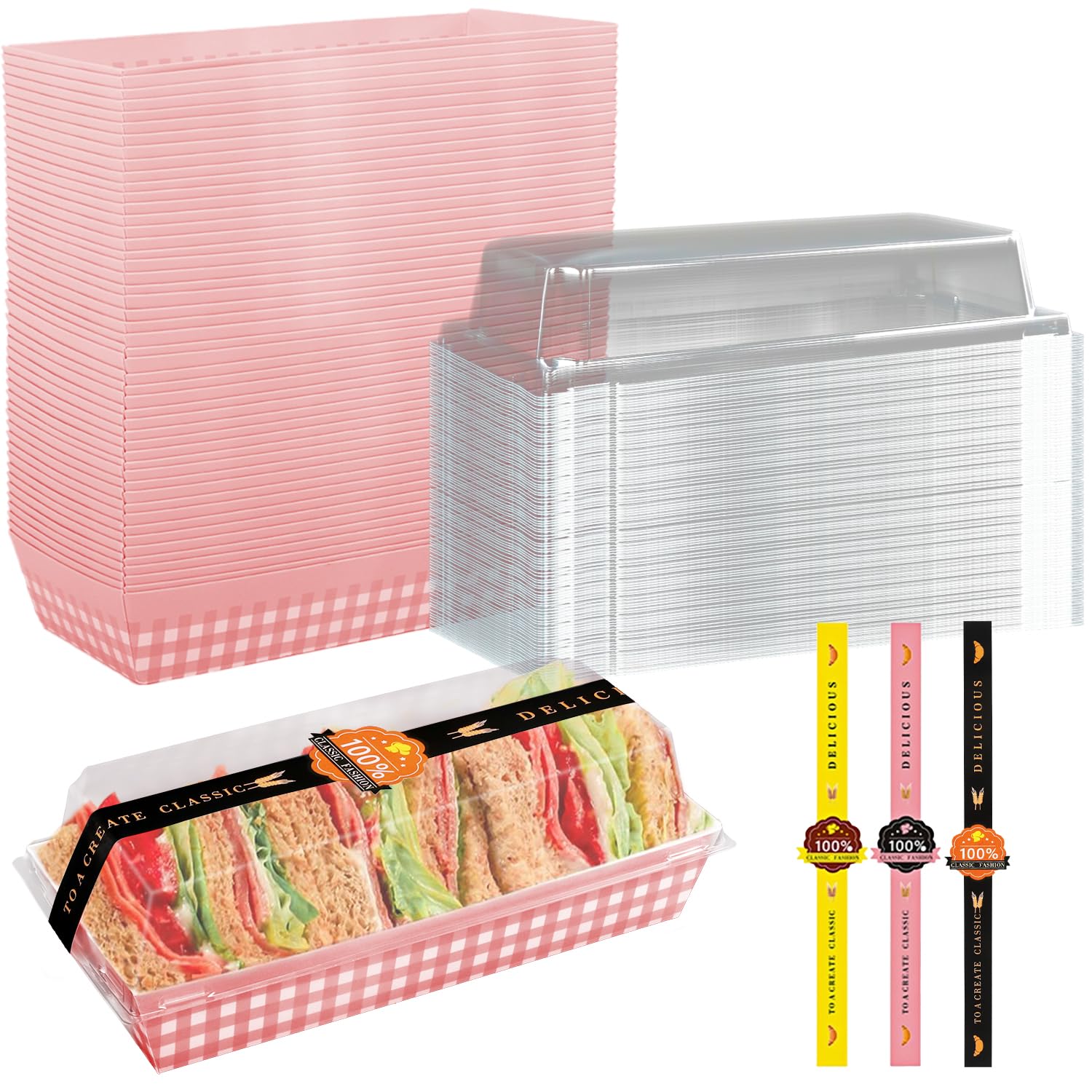 NsmykhgRoll Cake Box,50 Pack Swiss Roll Container Plastic Cake Box Sandwich Paper Box, Clear Lid Dessert Box,Muffin Cheese Pastry Dessert Box Sushi Fruits Display Food Storage Holder (Pink Grid)