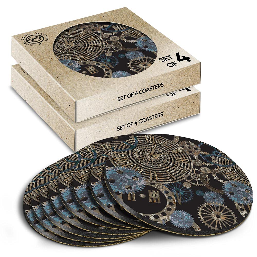 8 x Eco Boxed Cork Coasters - Steampunk Gears Pattern Clockwork Drink Cup Mug Glass Table Mat #24259