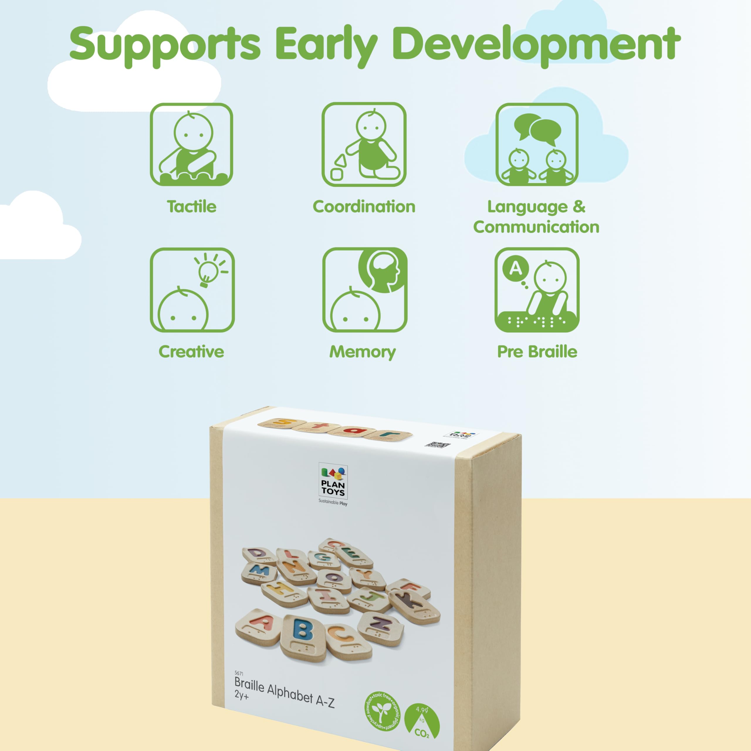 PlanToys Alphabet Braille A-Z - Apprendre le Braille pour Enfants - Jouet Éducatif en Bois - 26 Tuiles en Bois avec Lettres Majuscules et Minuscules