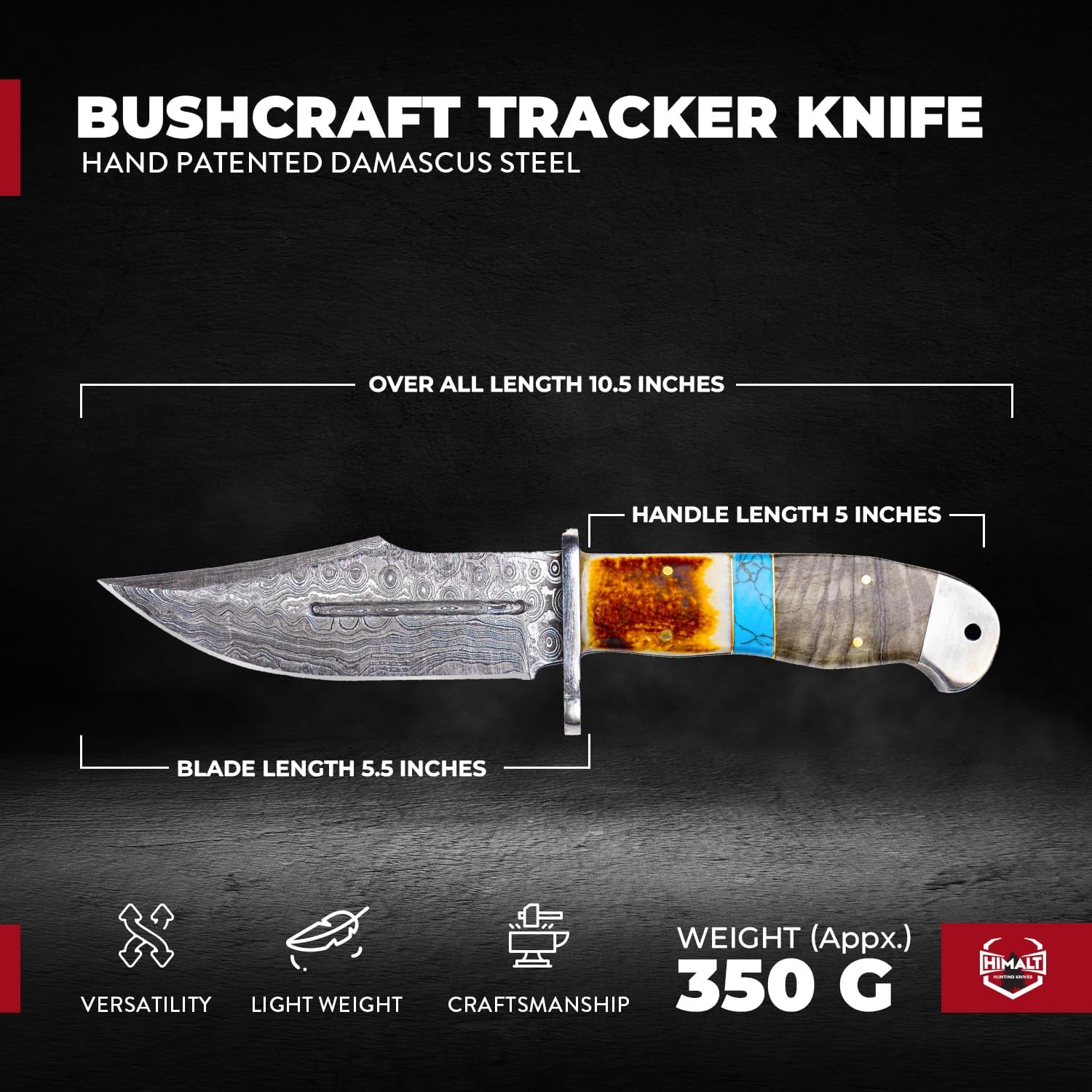 10.5" Handmade Damascus Knife Steel-Fixed Blade Hunting Knife with Sheath-Bowie knife-Survival Knife-Camping knife-Ideal For EDC, Skinning,Outdoor-Best Hunting Knives For Men.Ram Horn,Taurus Stone & Camel Bone Handle.