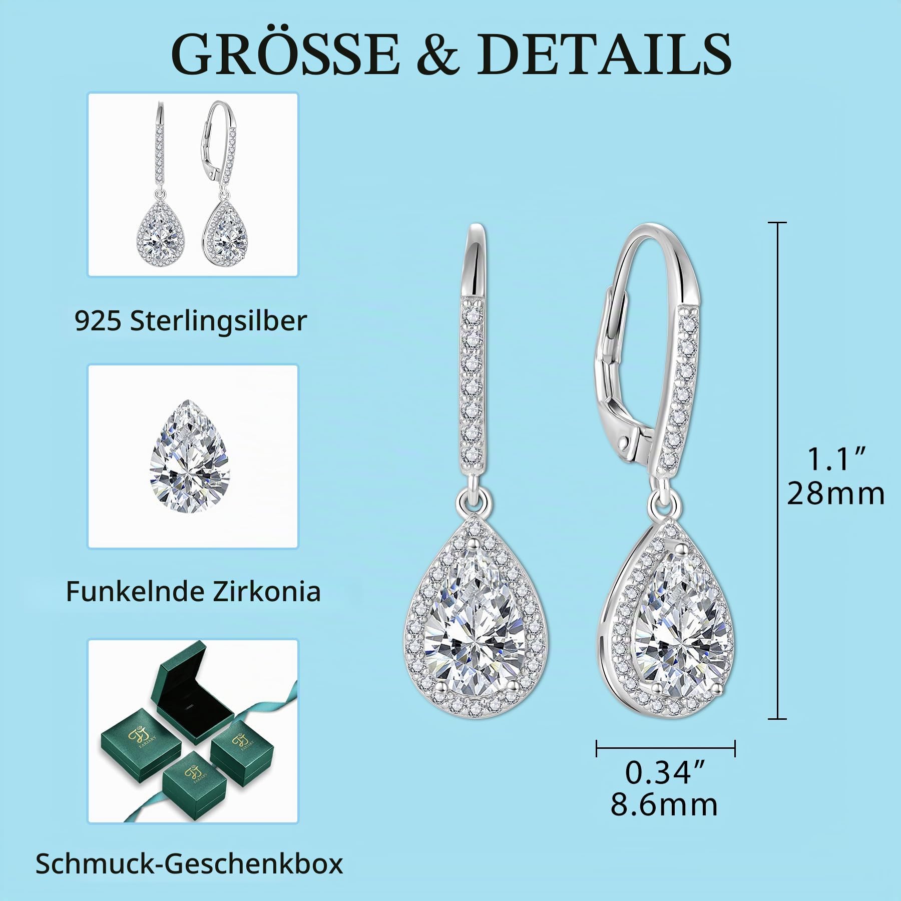 FJ Tropfen Hängend Ohrringe Damen 925 Sterling Silber Geburtsstein Ohrringe Schmuck Geschenke für Frauen Mutter Freundin Mama
