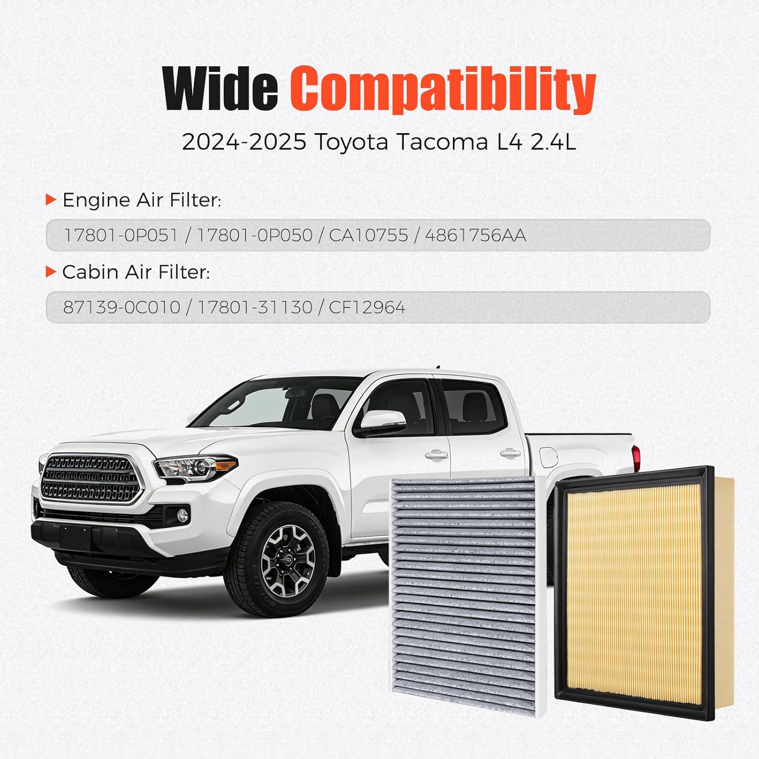 Engine Air Filter & Cabin Air Filter Kit Compatible with 2024-2025 Tacoma L4 2.4L Replaces 87139-0C010 04861756AA CF12964 CA10755 17801-31130 17801-0P051 17801-0P050 4861756AA
