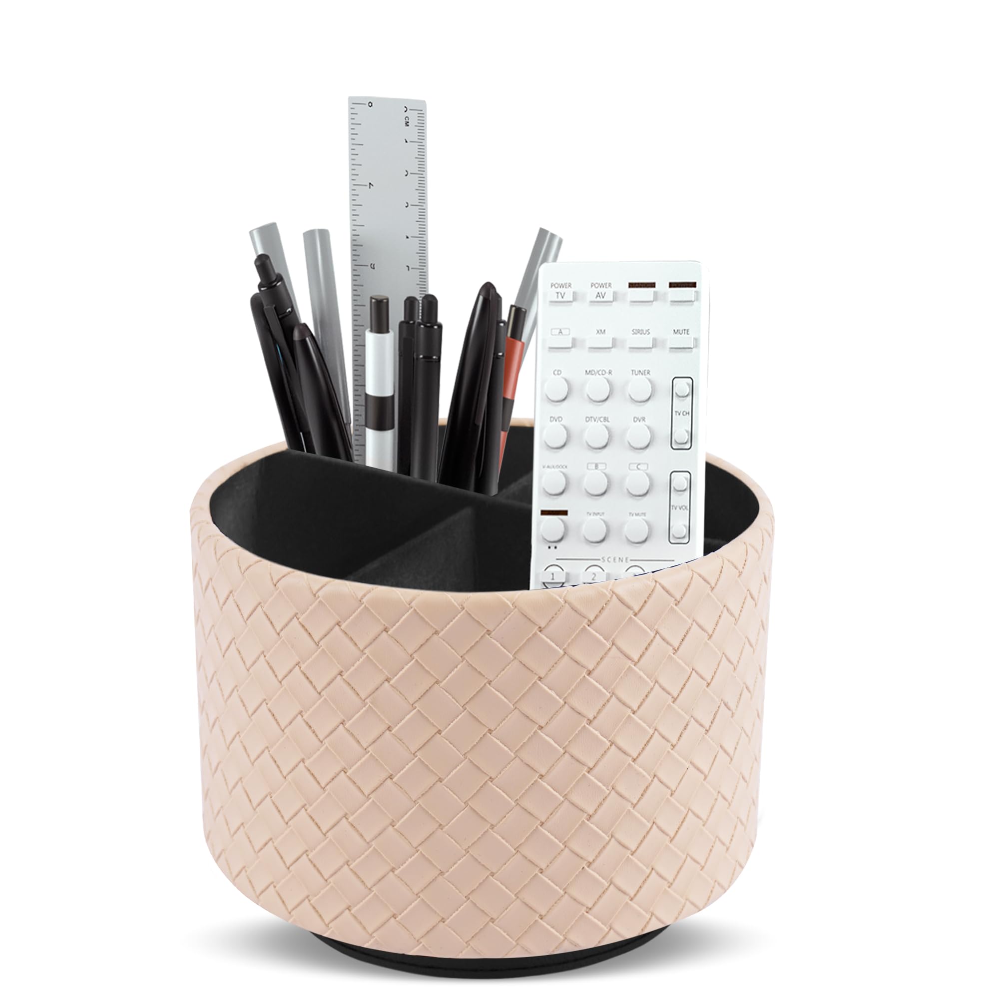 Mtzmy Round Leather Art Supply Organizer,Remote Control Holder,360 Degree Spinning,Multi-Functional Pencil Holder,4 Compartments Desktop Stationary Organizer(1-Woven Khaki) — image 1