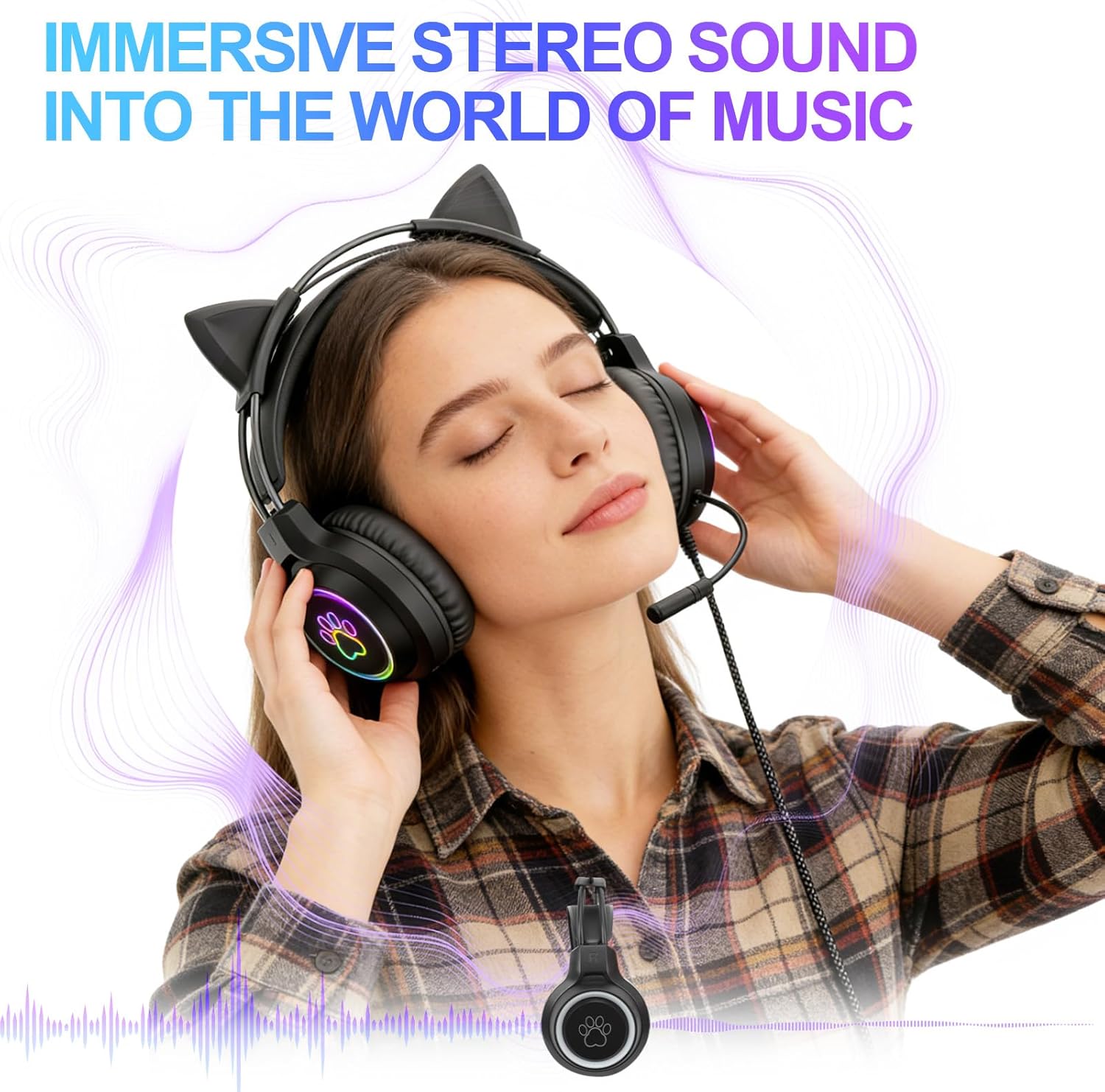 Wired Over-Ear Headphones for PS5 with Microphone + Wireless Neckband Sports Earbuds, Gaming Headset for PC/Nintendo Switch/Mobile, Great Audio Gift for Teenagers Gamers, Black Cat Ears