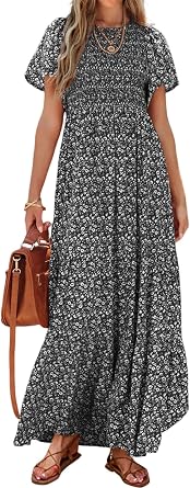 PRETTYGARDEN Women's 2026 Summer Casual Flutter Sleeve Floral Maxi Dress | Crew Neck Short Sleeve Dress, Smocked Top High Waisted Wedding Guest Dresses for Women, Tiered Hem Flowy Boho Long Dresses