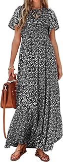 PRETTYGARDEN Women's 2025 Summer Casual Flutter Short Sleeve Boho Floral Maxi Dress Crew Neck Smocked Tiered Long Dresses - Buy now