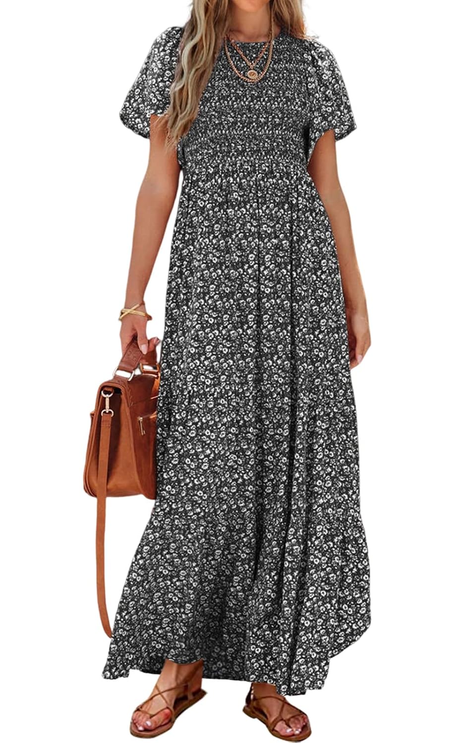 PRETTYGARDEN Flutter-Sleeve Boho Floral Maxi Dress